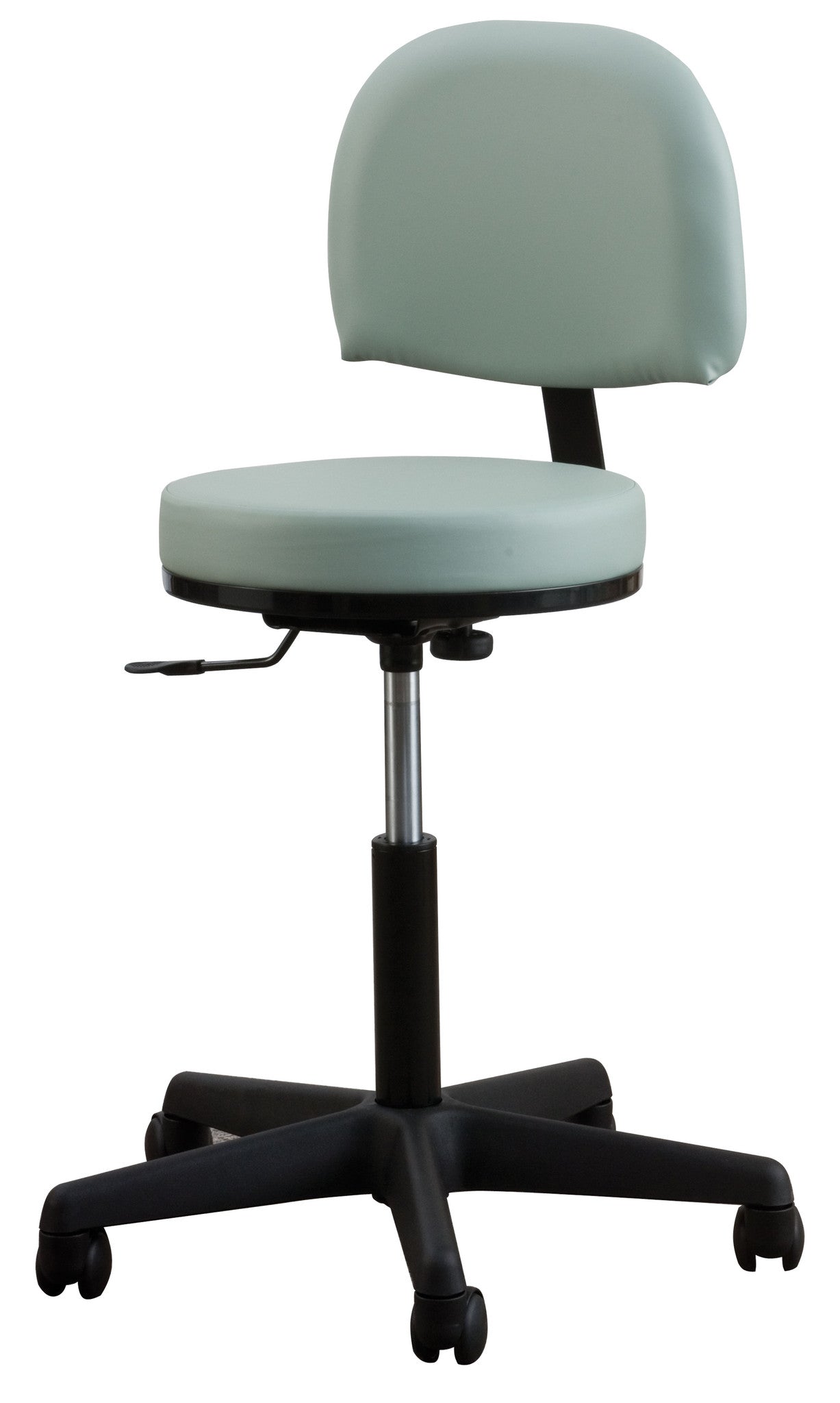 Oakworks PREMIUM Backrest Stool, light green, adjustable height, padded backrest, black base.