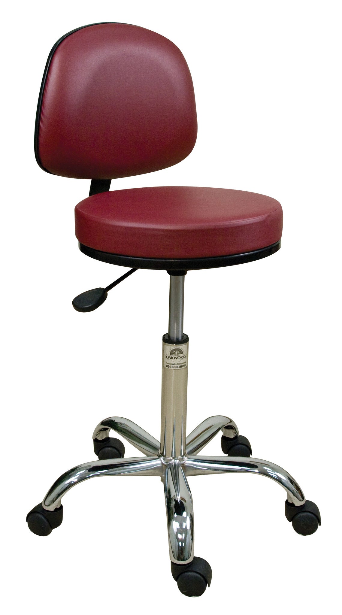 Oakworks PROFESSIONAL Backrest Stool with red cushion, chrome base, and wheels.