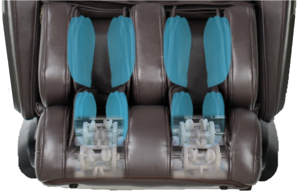 Titan OS-Pro SUMMIT chair features blue airbags, visible rollers, and soothing zero gravity comfort.