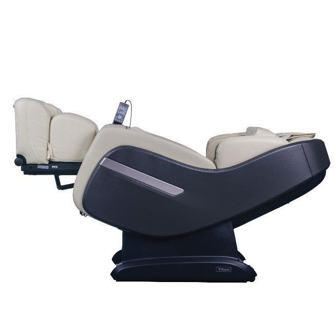 The Titan OS-Pro SUMMIT Massage Chair in beige/black offers zero gravity and remote control.