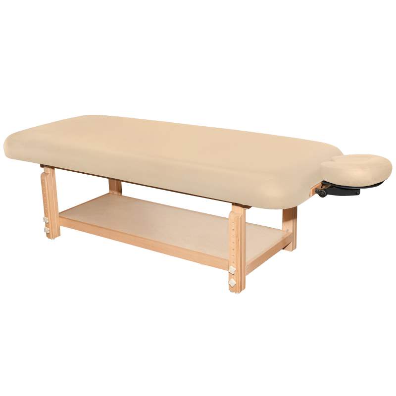EarthLite TERRA stationary table in beige with wooden legs, face cradle, and storage shelf.