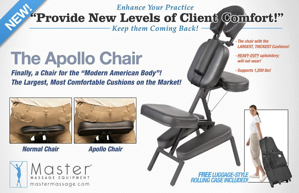 Master Massage APOLLO XXL chair with thick cushions, shown beside a standard chair.