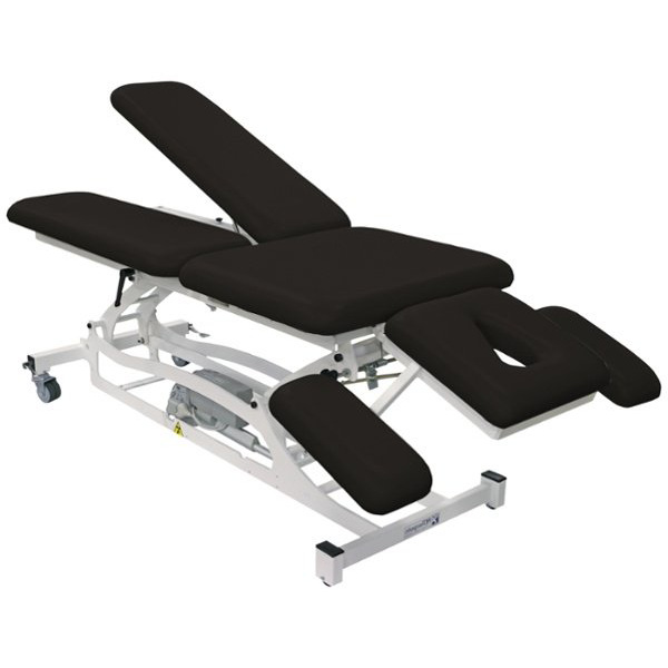 PHS Medical Thera-P Electric Treatment Table, black padding, white frame, wheeled base.