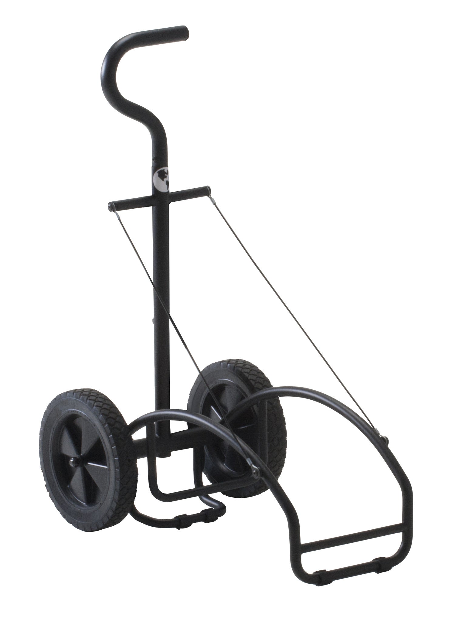 A black EarthLite Traveler Table Cart with two large wheels, a telescoping handle, and a steel frame designed to transport tables.