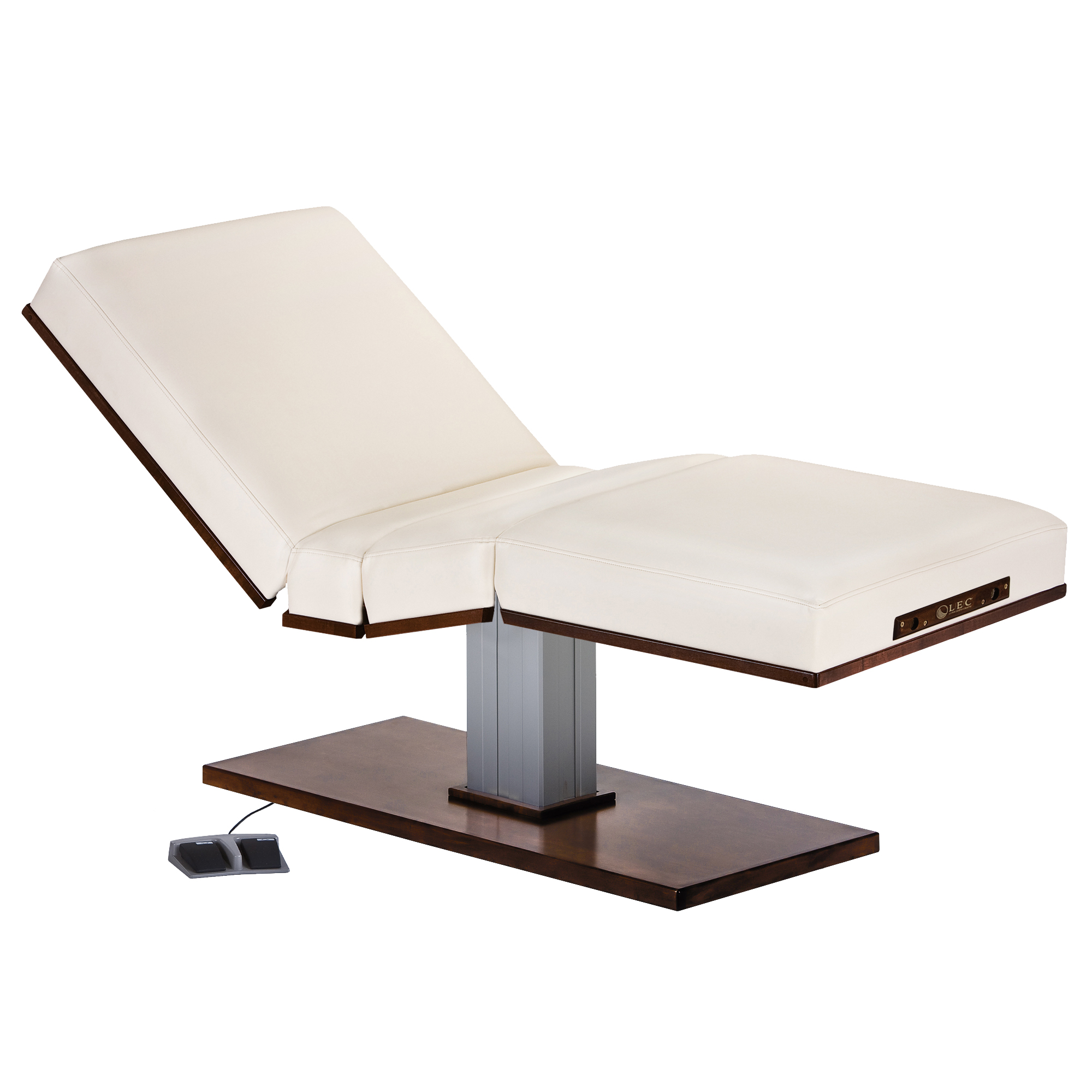 Living Earth Crafts PEDESTAL cream electric lift table with salon top and wooden base.