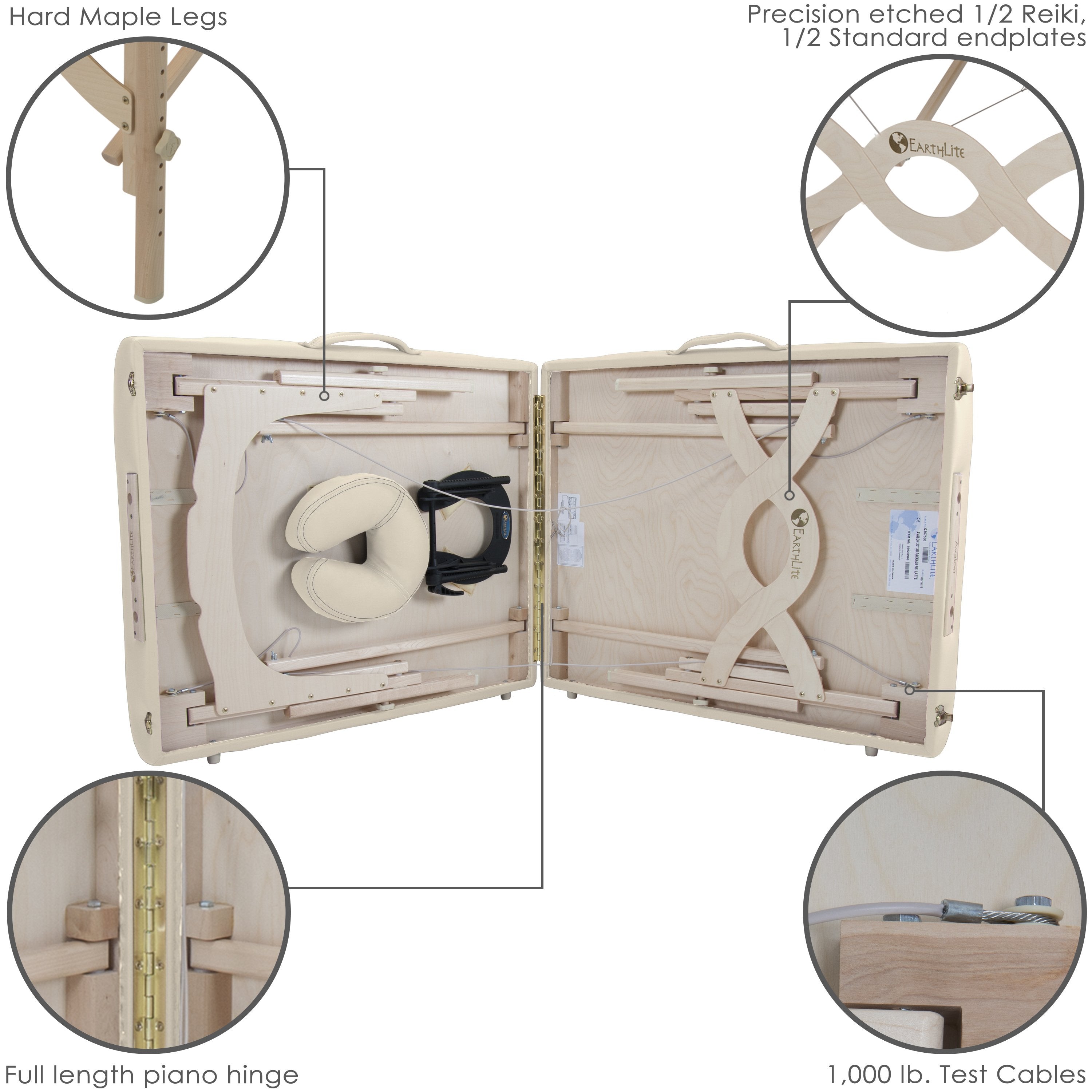 Open the EarthLite AVALON XD Portable Massage Table Package with headrest and maple legs.