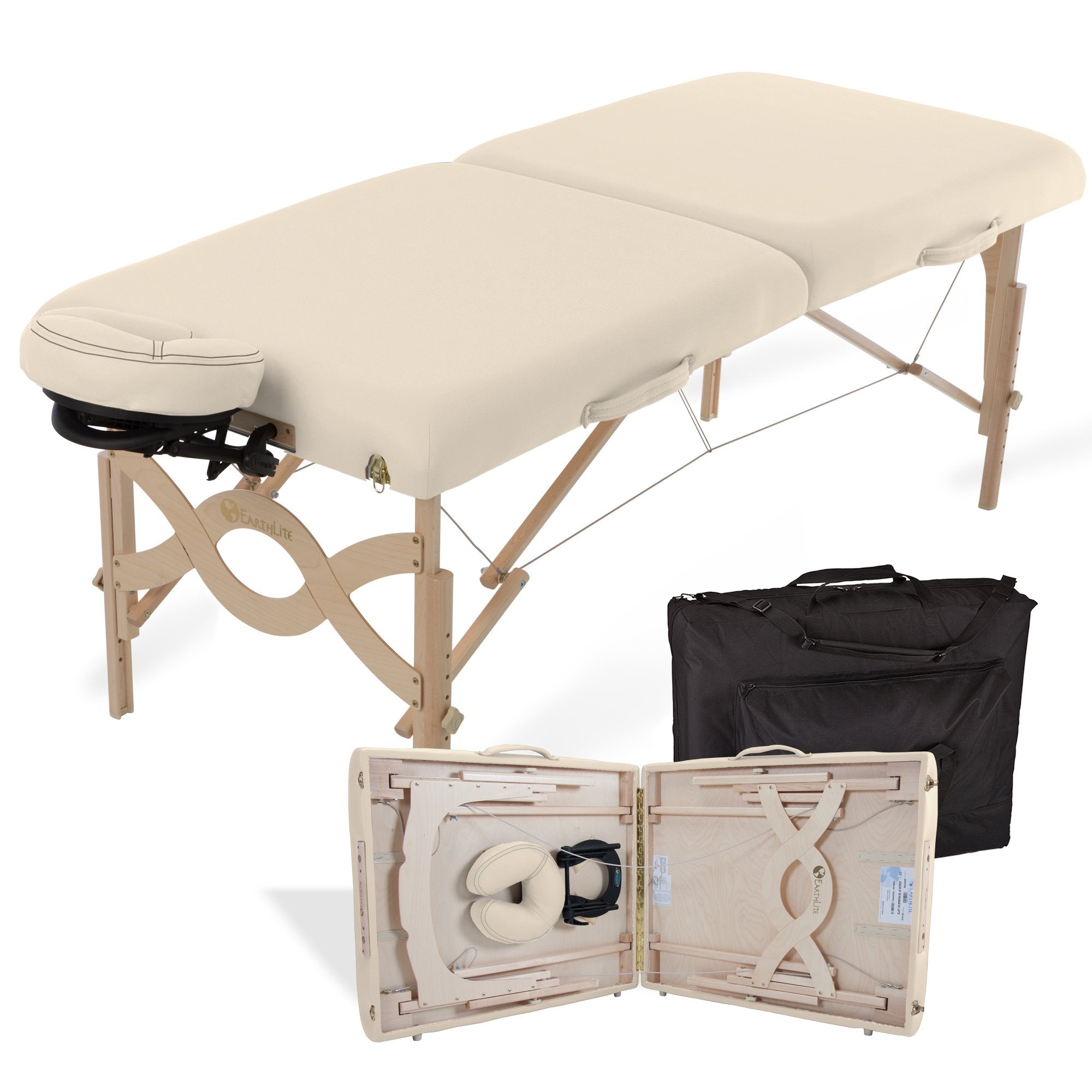 EarthLite AVALON XD portable massage table with headrest, in a black carrying case.