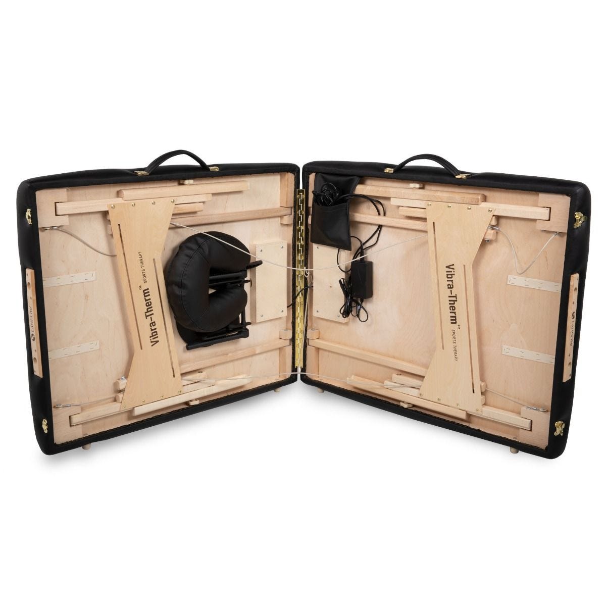 EarthLite case opens to reveal a VIBRA-THERM™ portable sports therapy massage table.