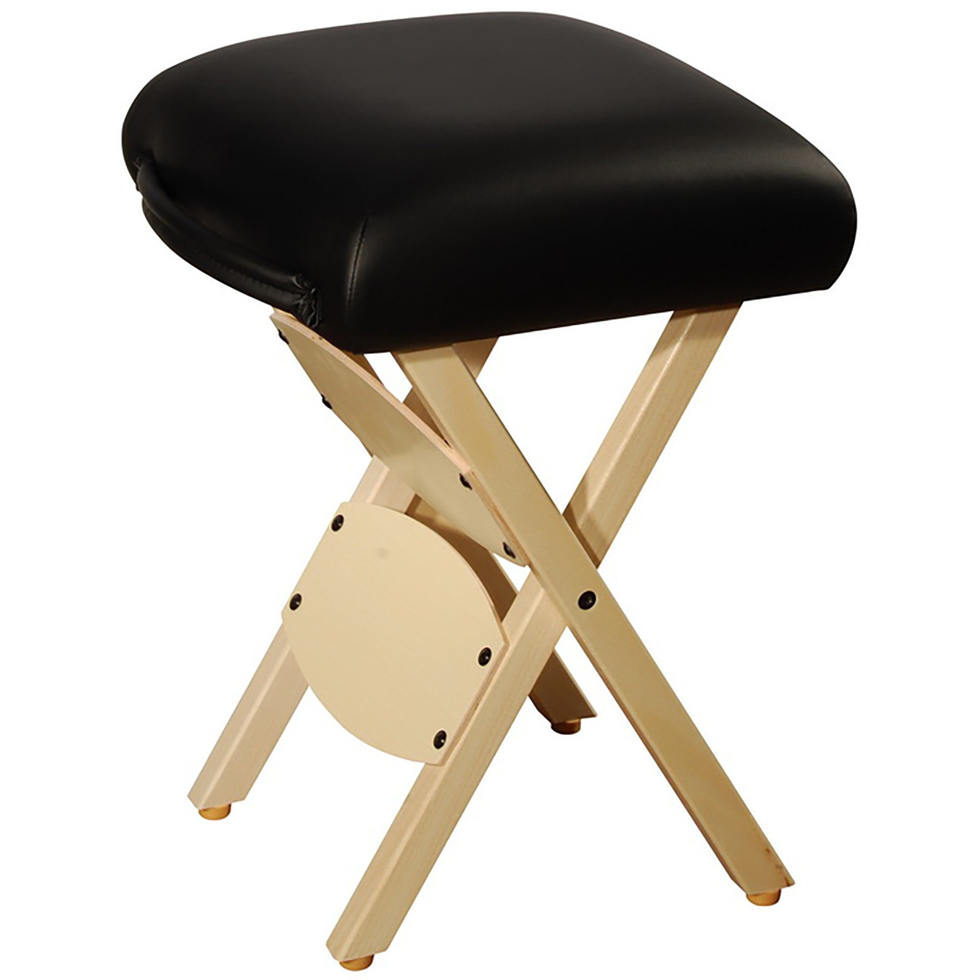 Master Massage WOODEN FOLDING Massage Stool, black, compact with cushioned seat on white background.