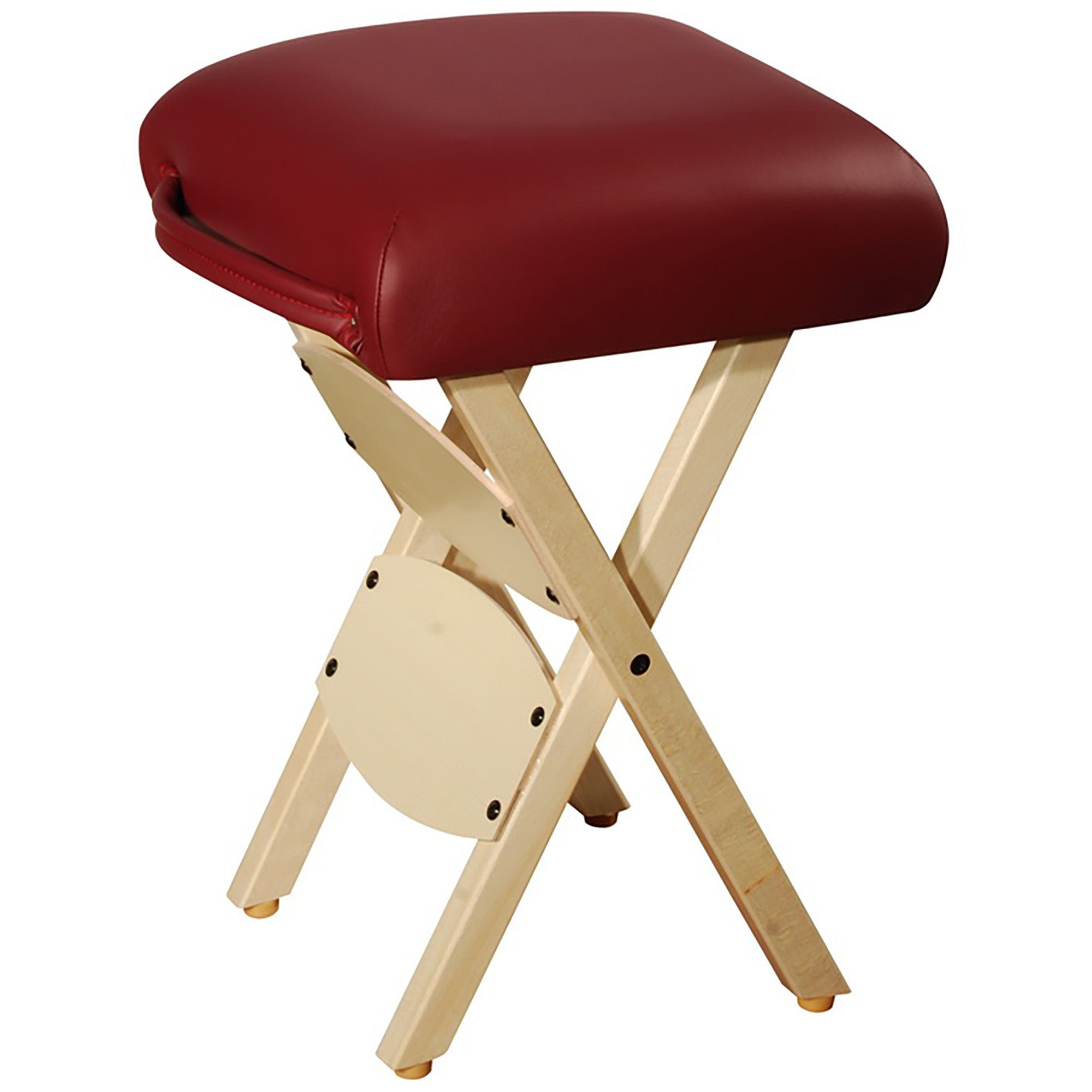 Master Massage WOODEN FOLDING Massage Stool, Burgundy seat with light wood legs.