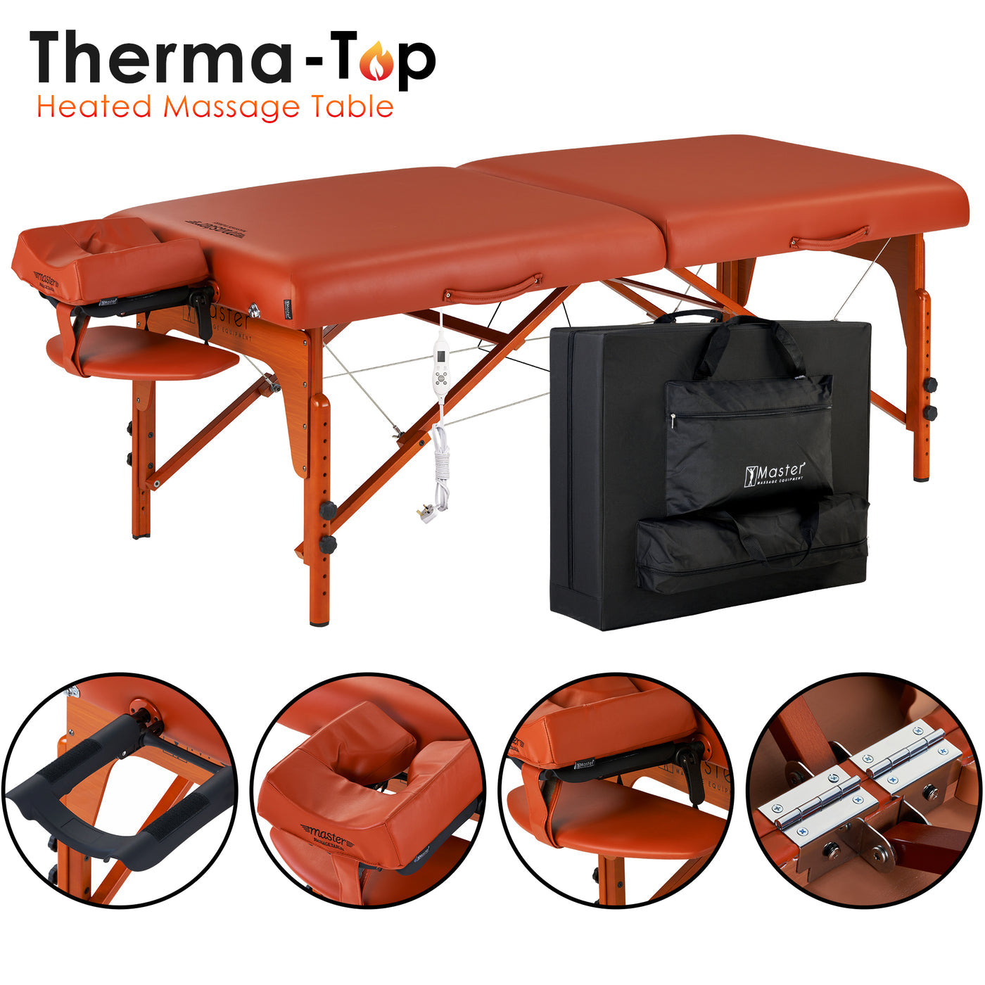 Master Massage SANTANA Therma-Top portable table with case and Therma-Top close-ups.
