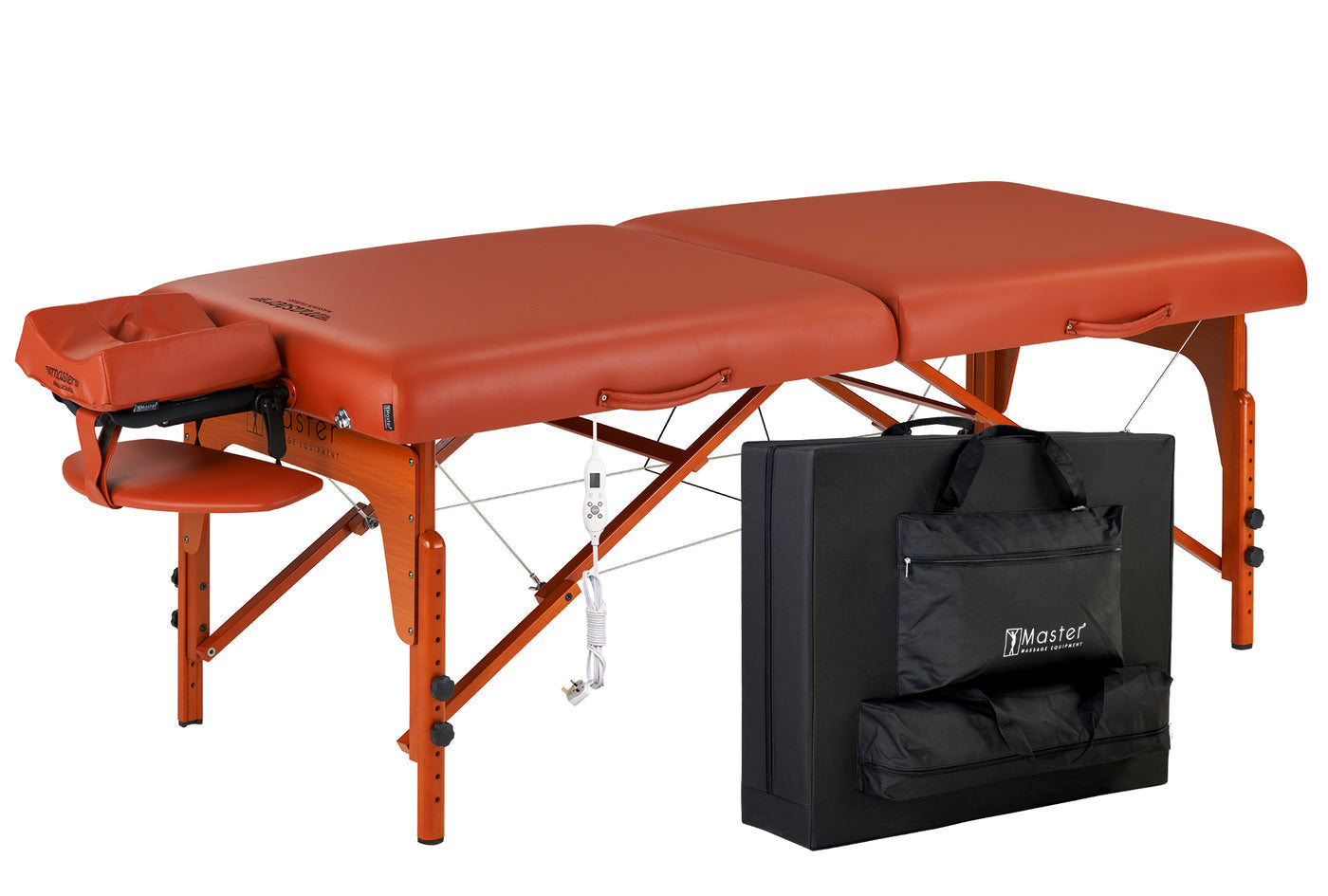 Master Massage SANTANA Therma-Top portable table with face cradle and case stored underneath.