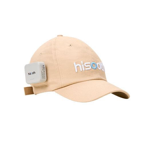 Beige cap with 'hisooth' branding on a white background