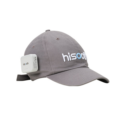 Grey cap with 'hisooth' branding on a white background