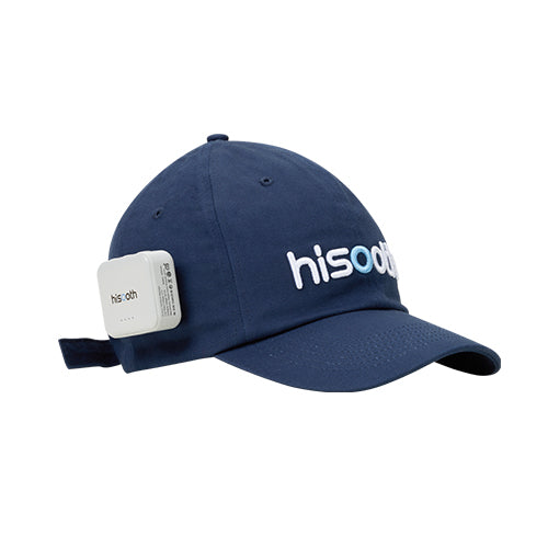 Navy blue cap with 'hisooth' branding on a white background