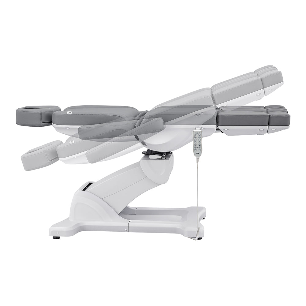 DIR Libra II Full Medical Electric Procedure Chair in Gray shown reclined with remote control.