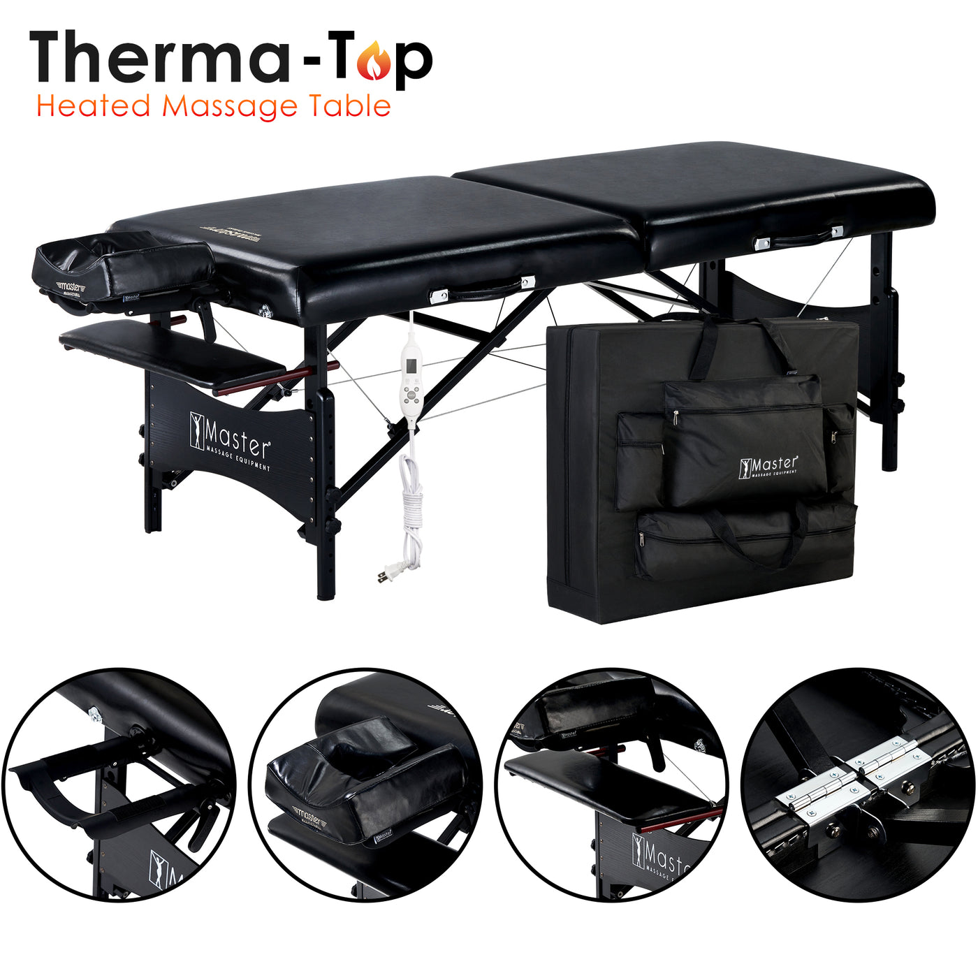 Master Massage GALAXY Therma-Top Table with memory foam, case; shown from multiple angles.