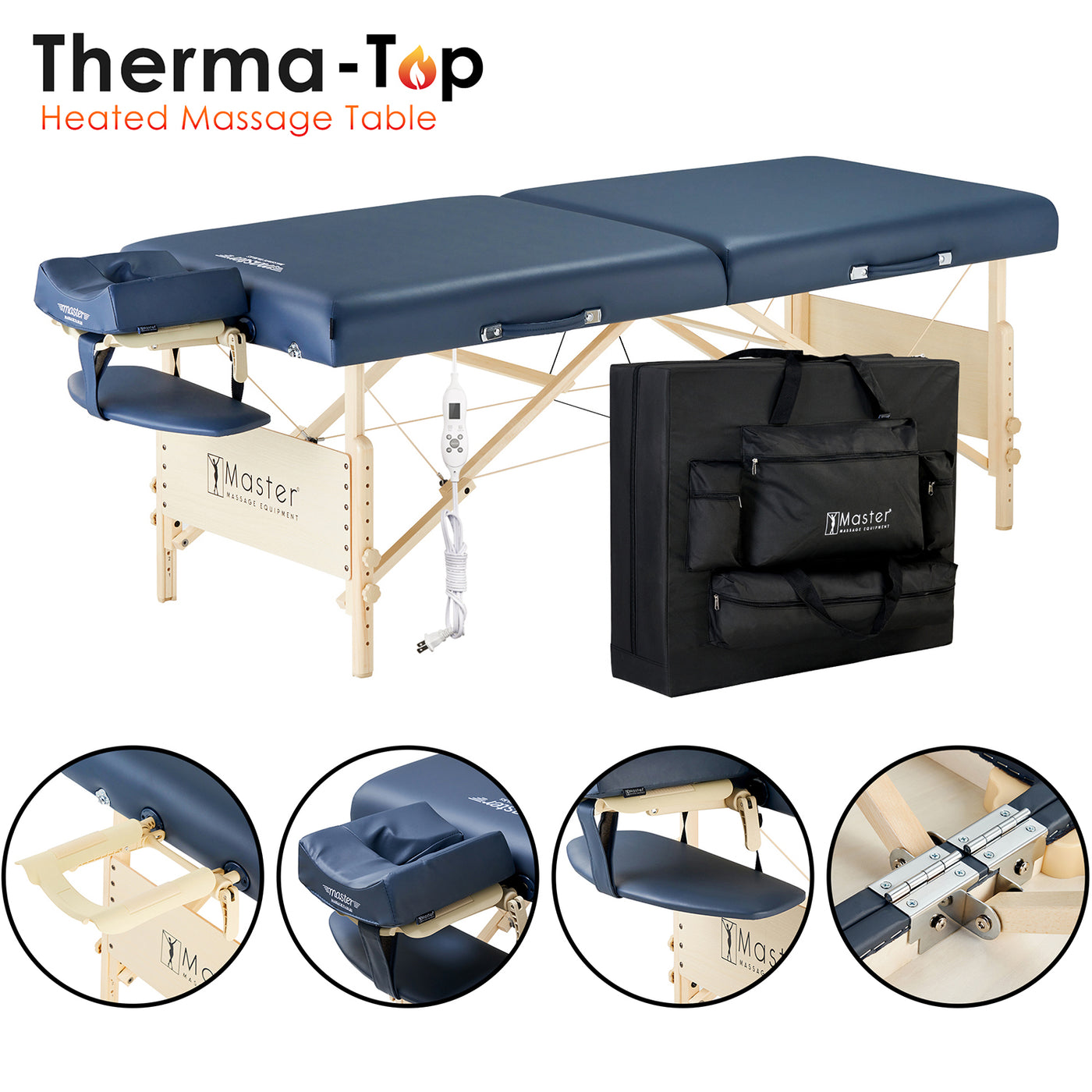 Master Massage CORONADO Therma-Top table: blue padding, wood frame, face cradle, case included.