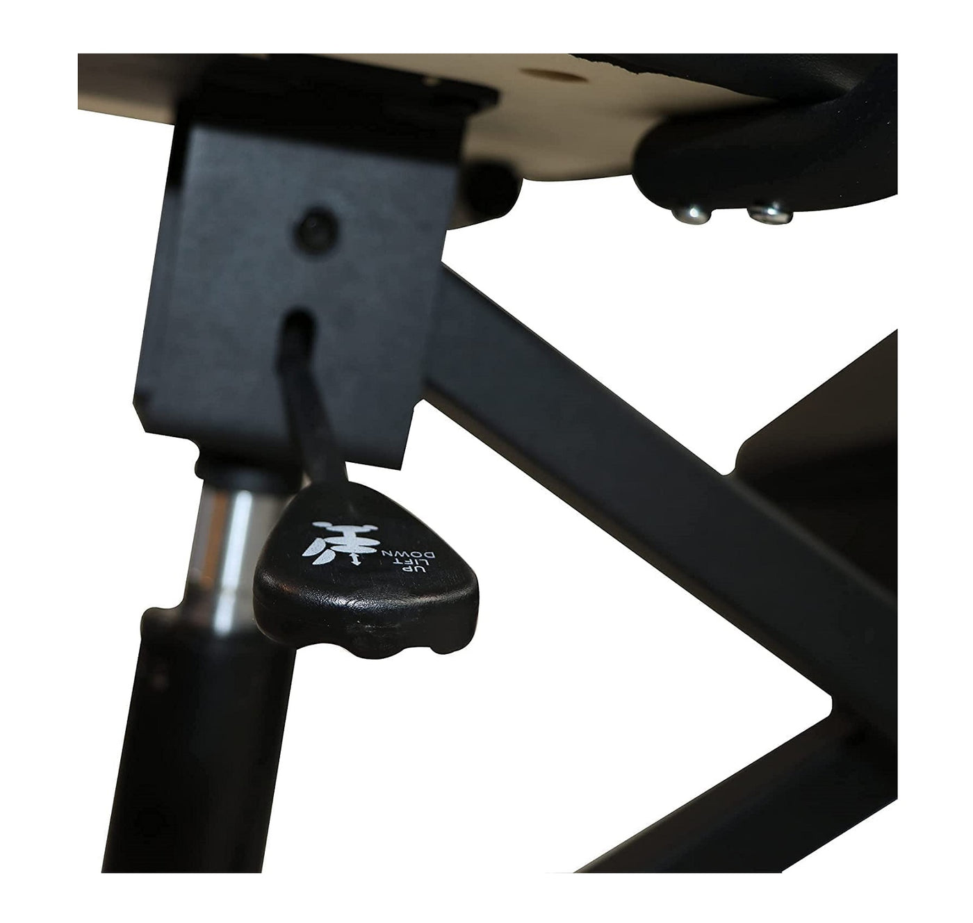 Close-up of the adjustable lever on the Master Massage Ergonomic Kneeling Posture Chair.