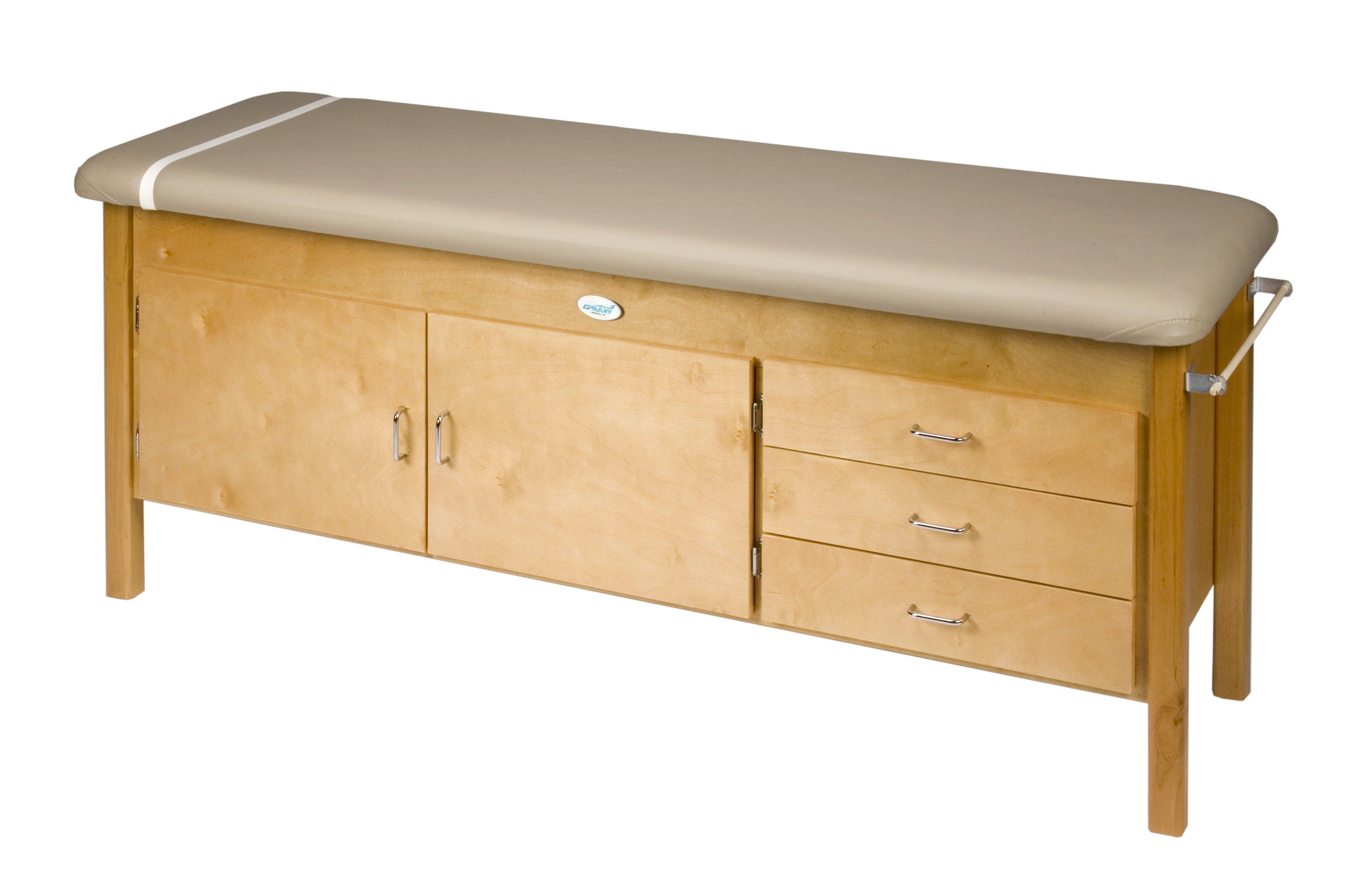 Galaxy Mfg 1093 Treatment Table: beige cushion, 3 drawers, 2 doors—ideal for medical use.