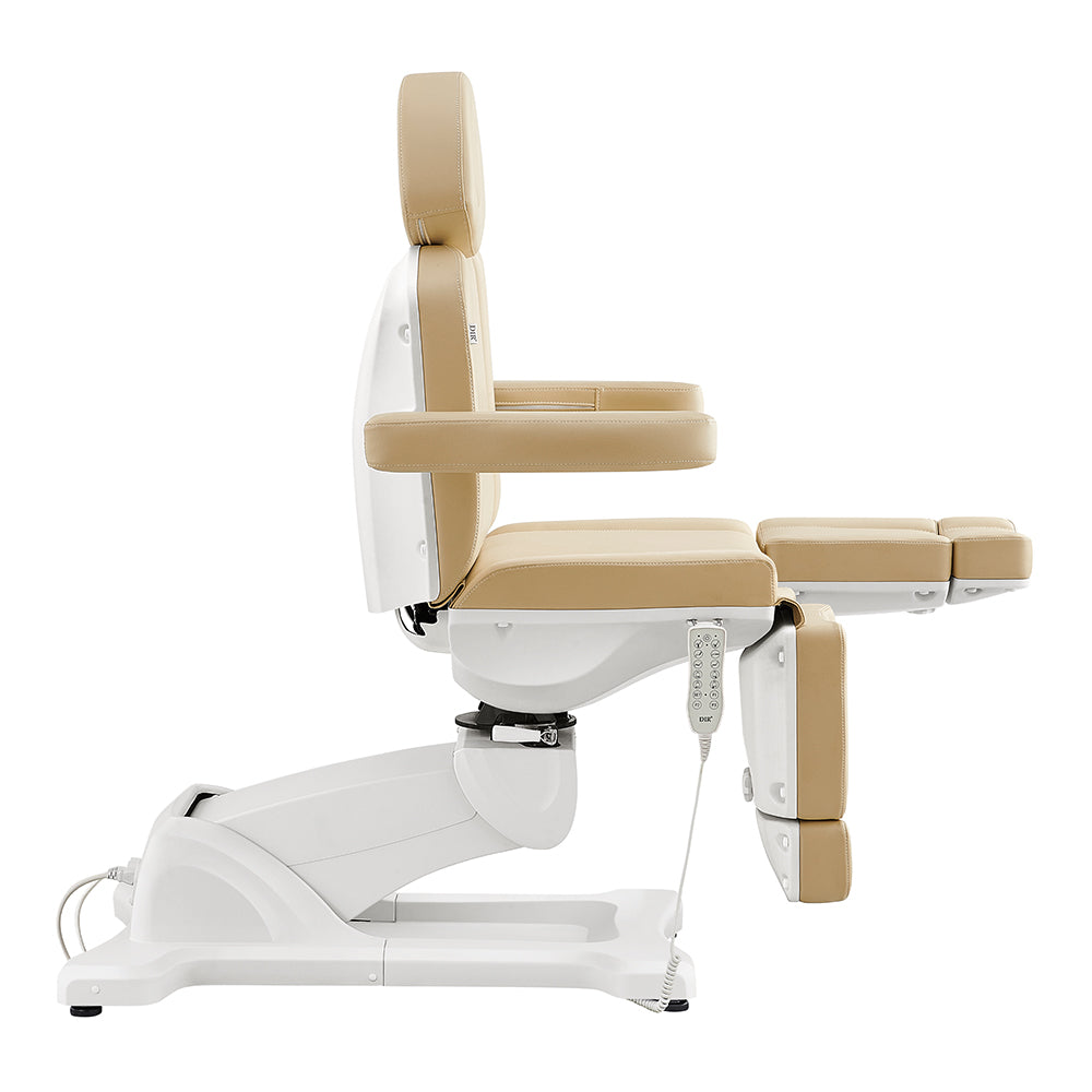 Libra II Beige Electric Medical Chair by DIR shown in profile with remote control.
