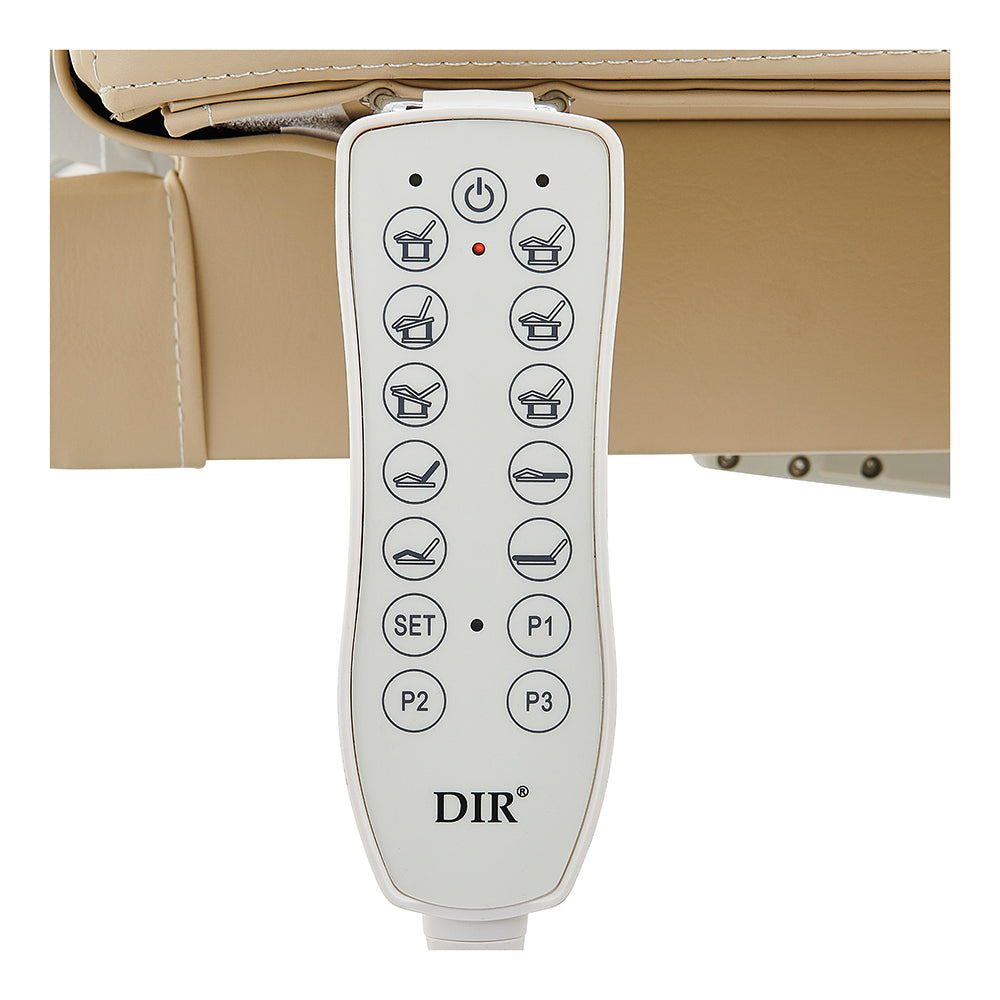 A white DIR Tranquility 4 Motors electric spa table with multi-button remote control.