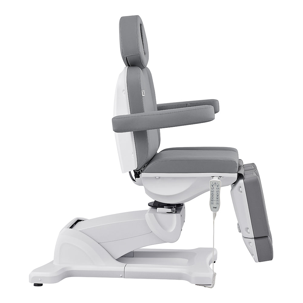 DIR Libra II Full Medical Electric Procedure Chair in gray, shown in side profile with remote.