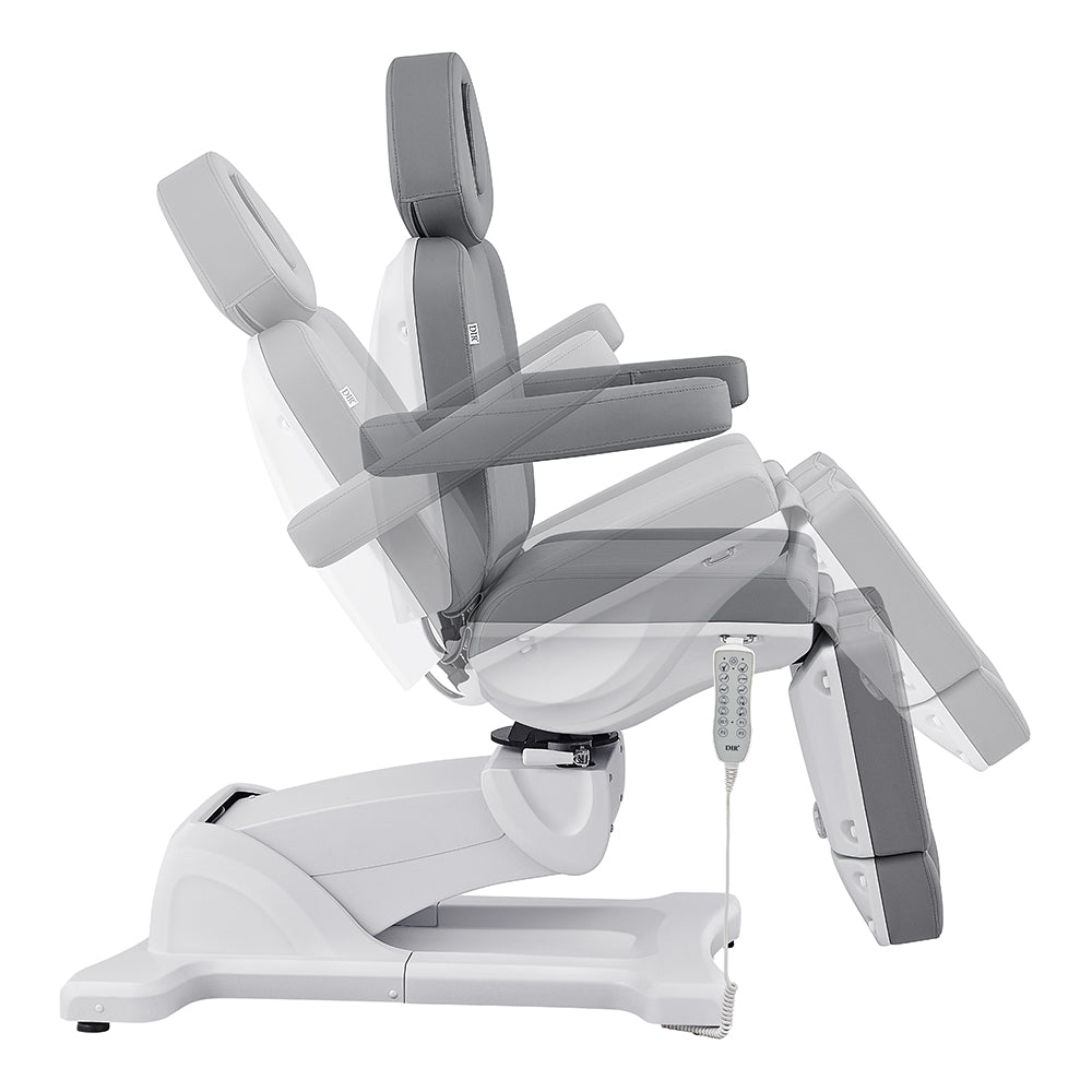 DIR Libra II Full Medical Chair in Gray shown reclined with remote control attached.