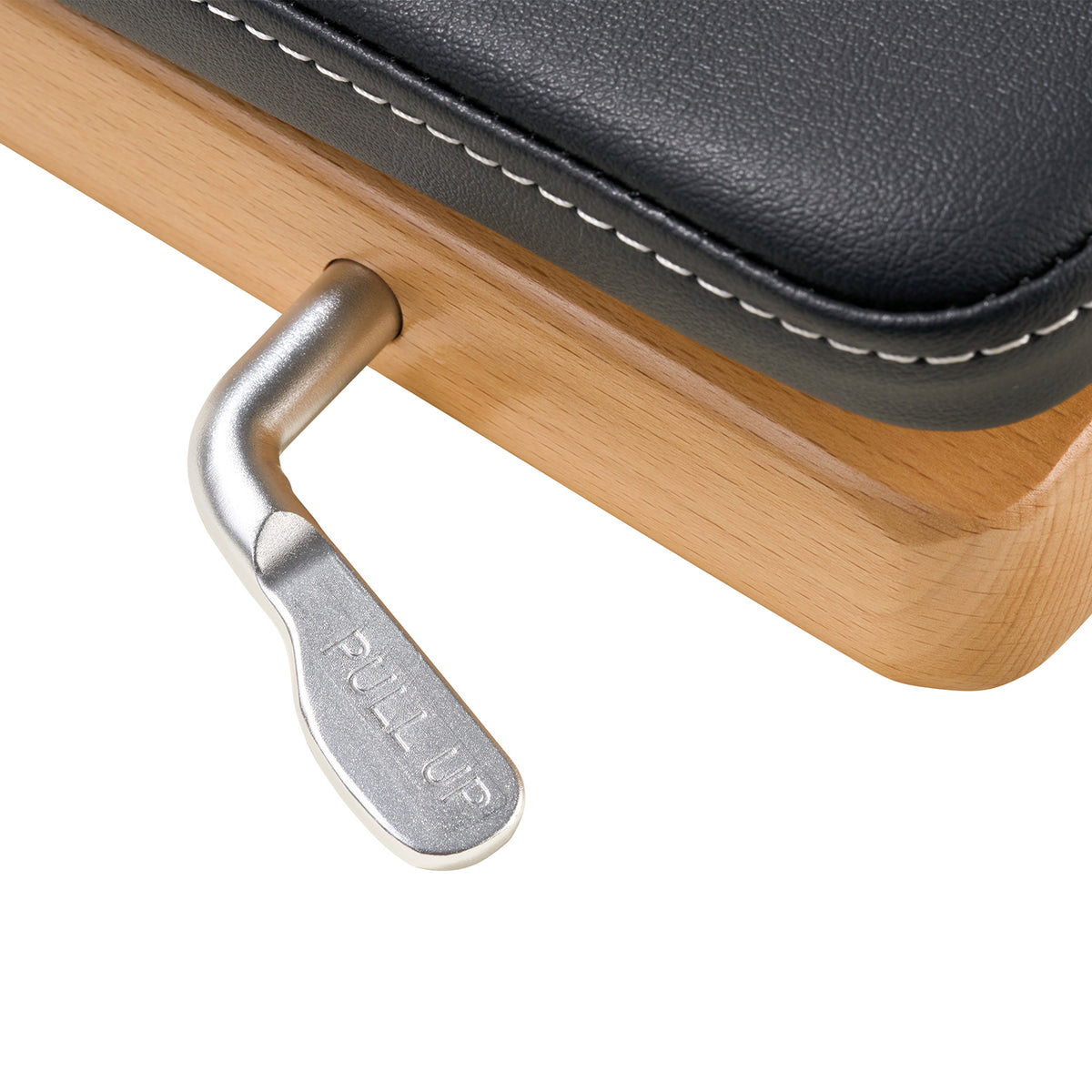 Close-up of a wooden product with a metal pull handle on a white background
