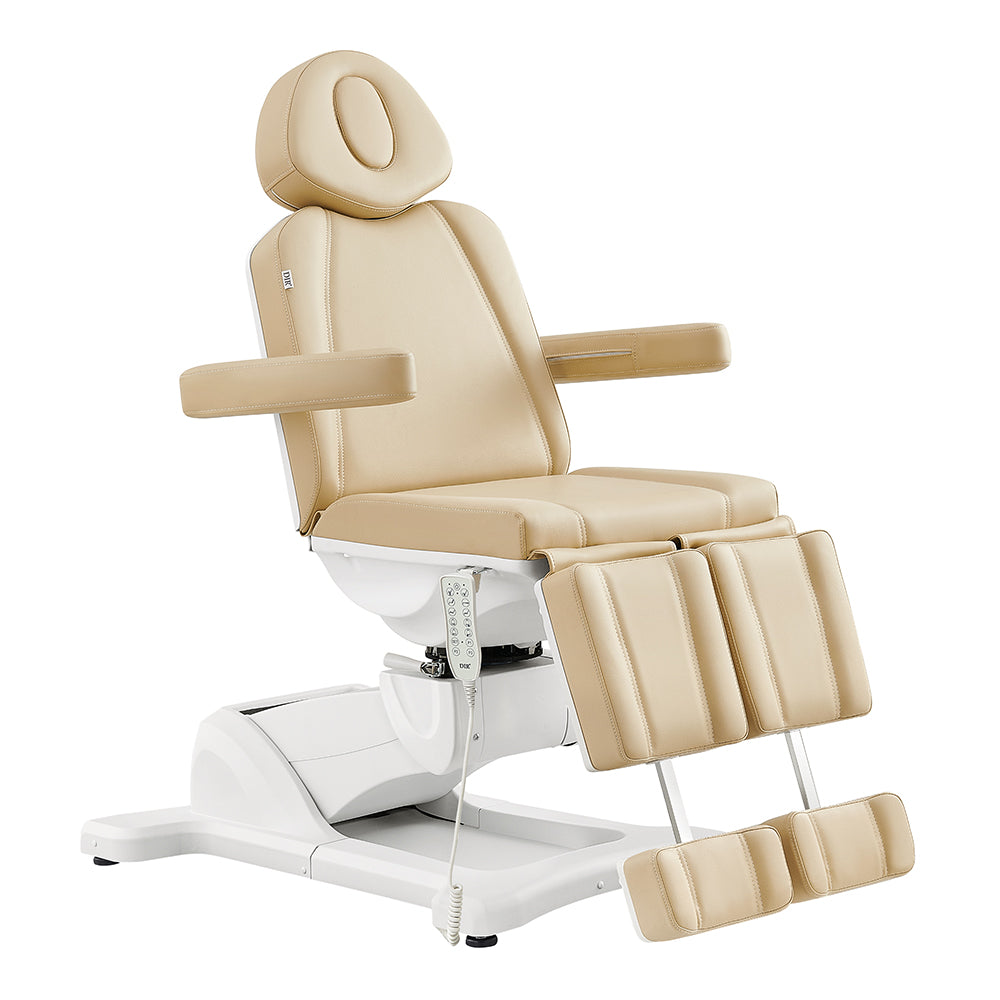 Beige DIR Libra II full medical electric procedure chair with footrests and remote control.