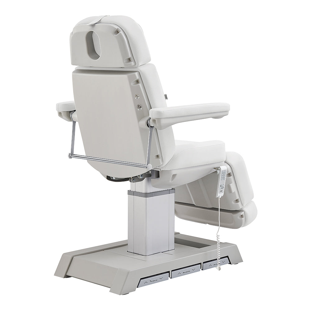 DIR Sydney Medical Chair – 4 Motors, foot & hand remote, white with armrests, rear view.