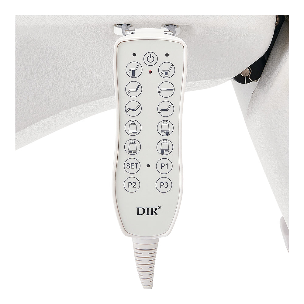 Beige DIR Libra II electric procedure chair remote, labeled buttons and icons on white surface.