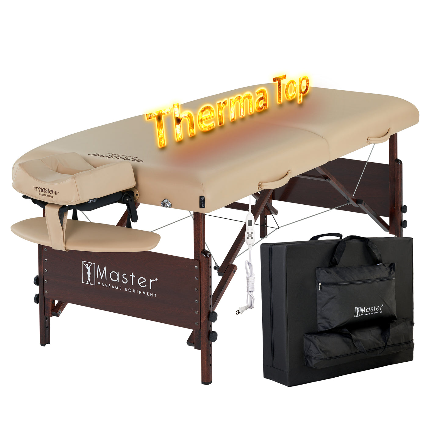 Master Massage DEL RAY beige heated table with Therma-Top and black carrying case in front.