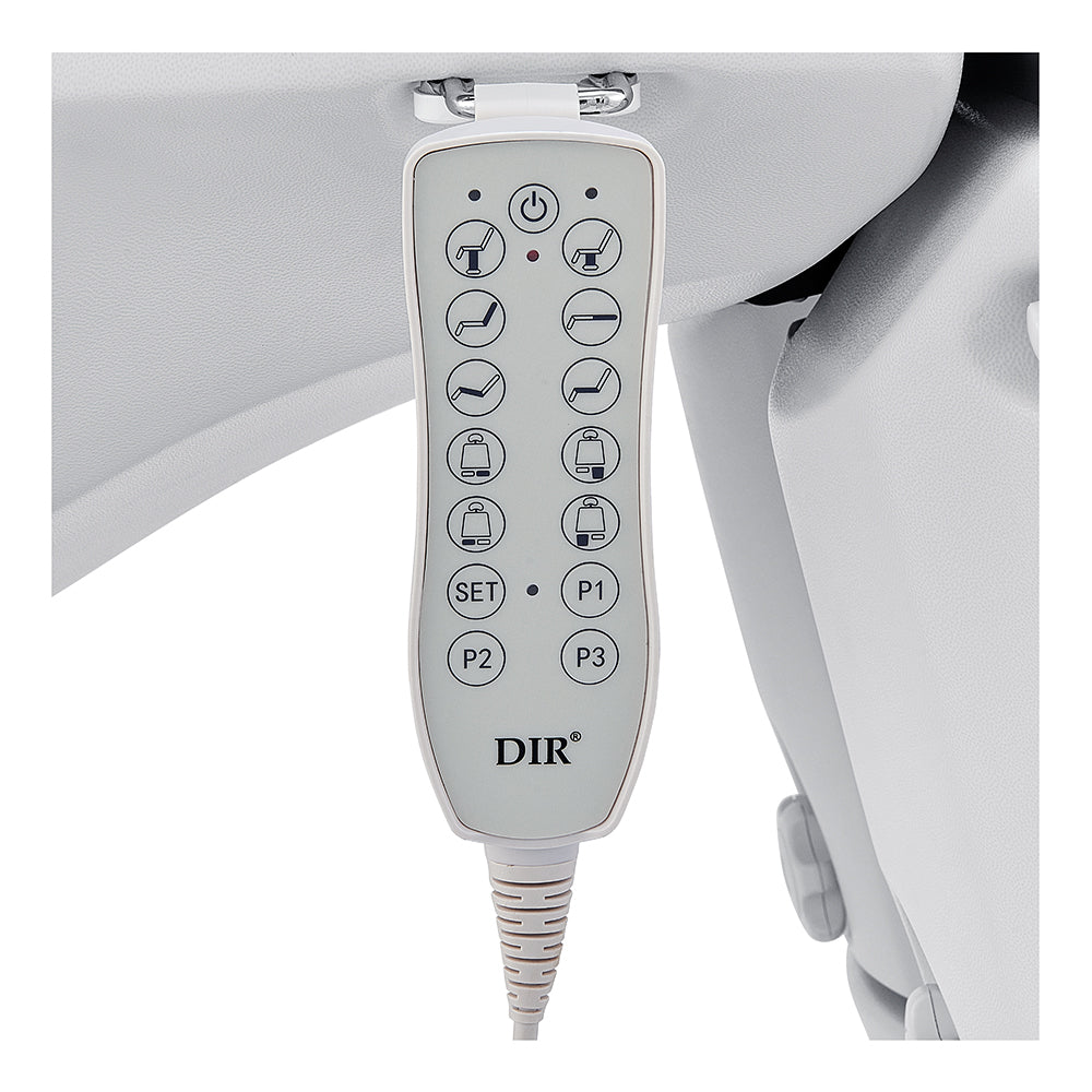 Close-up of the DIR Libra II Full Medical Electric Procedure Chair in gray.