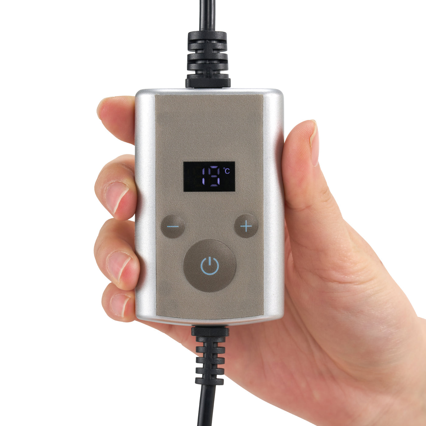 Hand holding a small electronic device with a digital display and control buttons on a white background