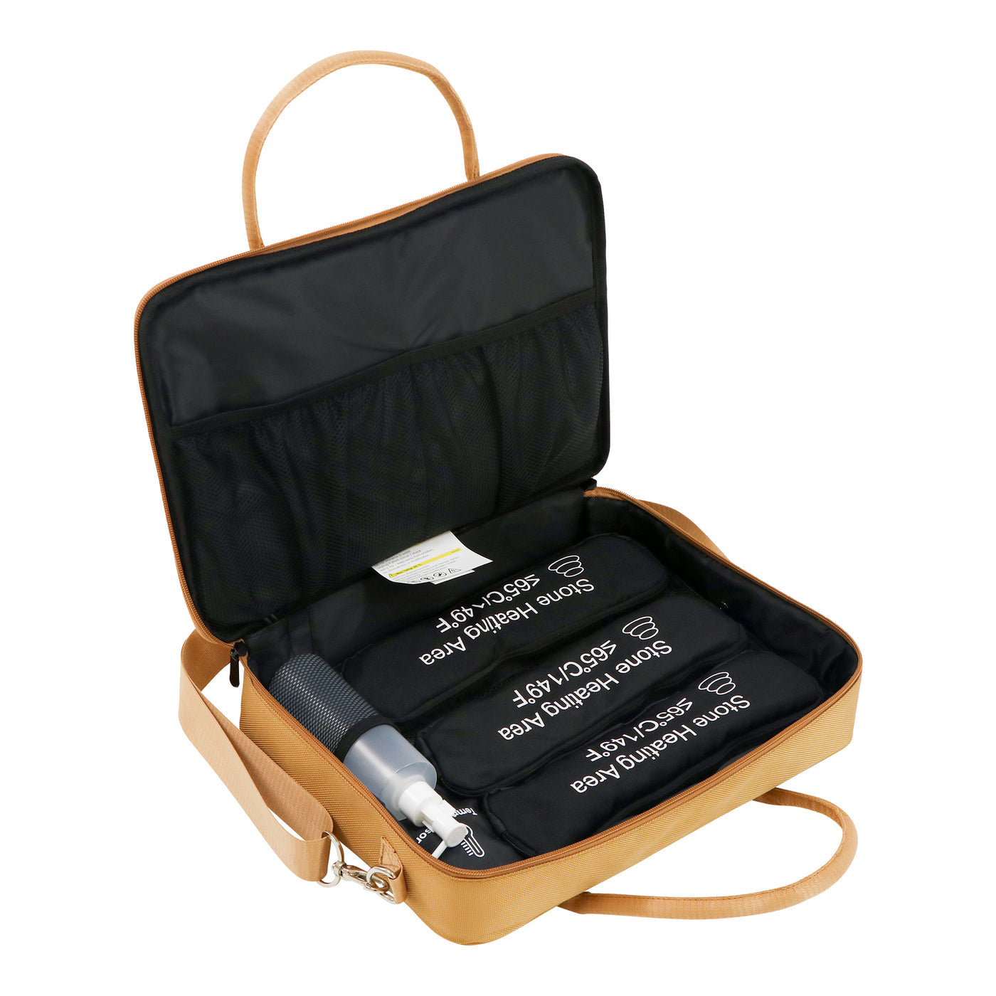 Open brown case with black interior on a white background.