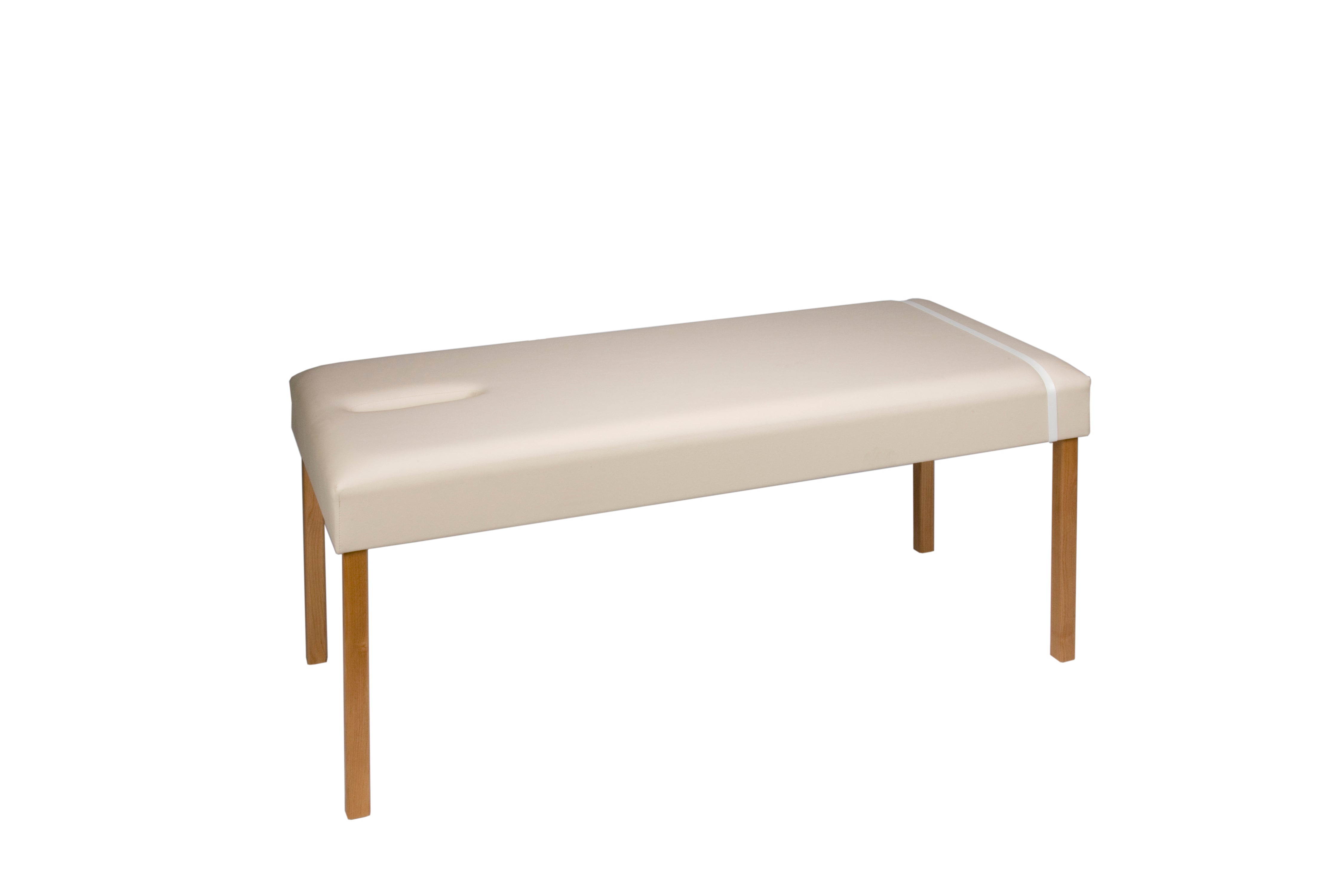 Galaxy Mfg 1987-30 beige rehab table with wood legs and a slight indentation on the left.