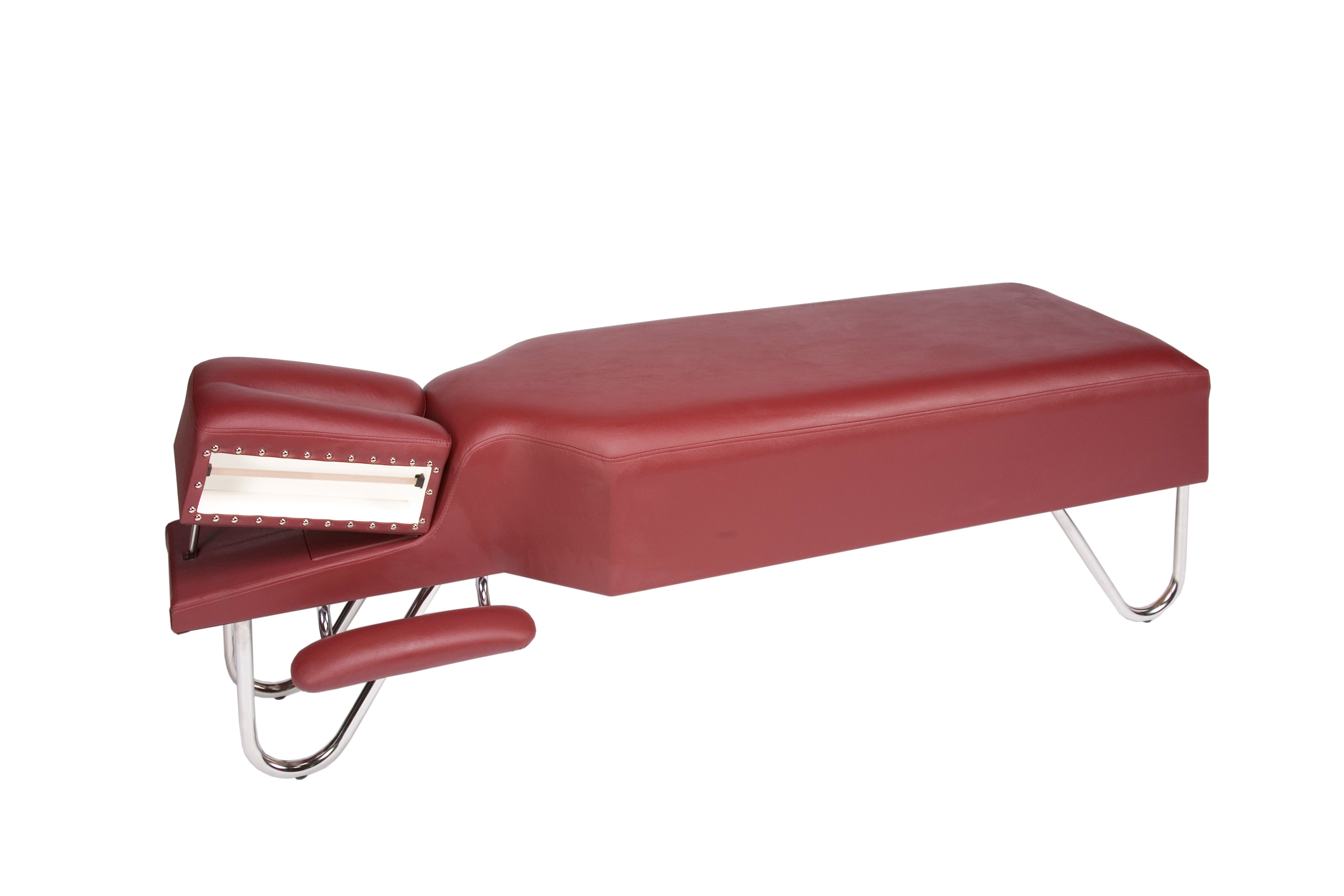 Galaxy Mfg 1989-CA red adjustable table with metal legs and padded headrest.