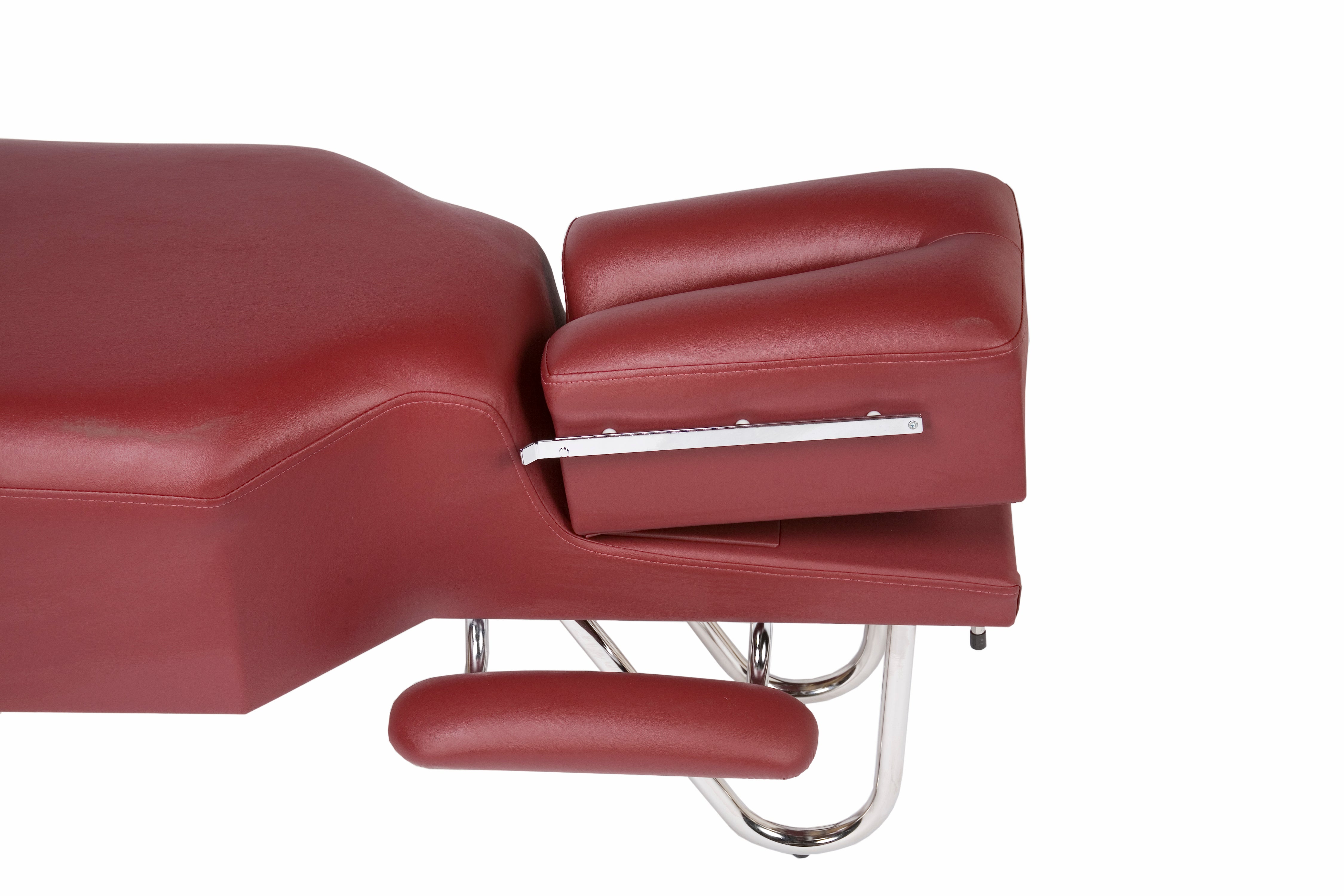 Galaxy Mfg 1989-CA red chiropractic table with high-density foam and articulating headpiece.