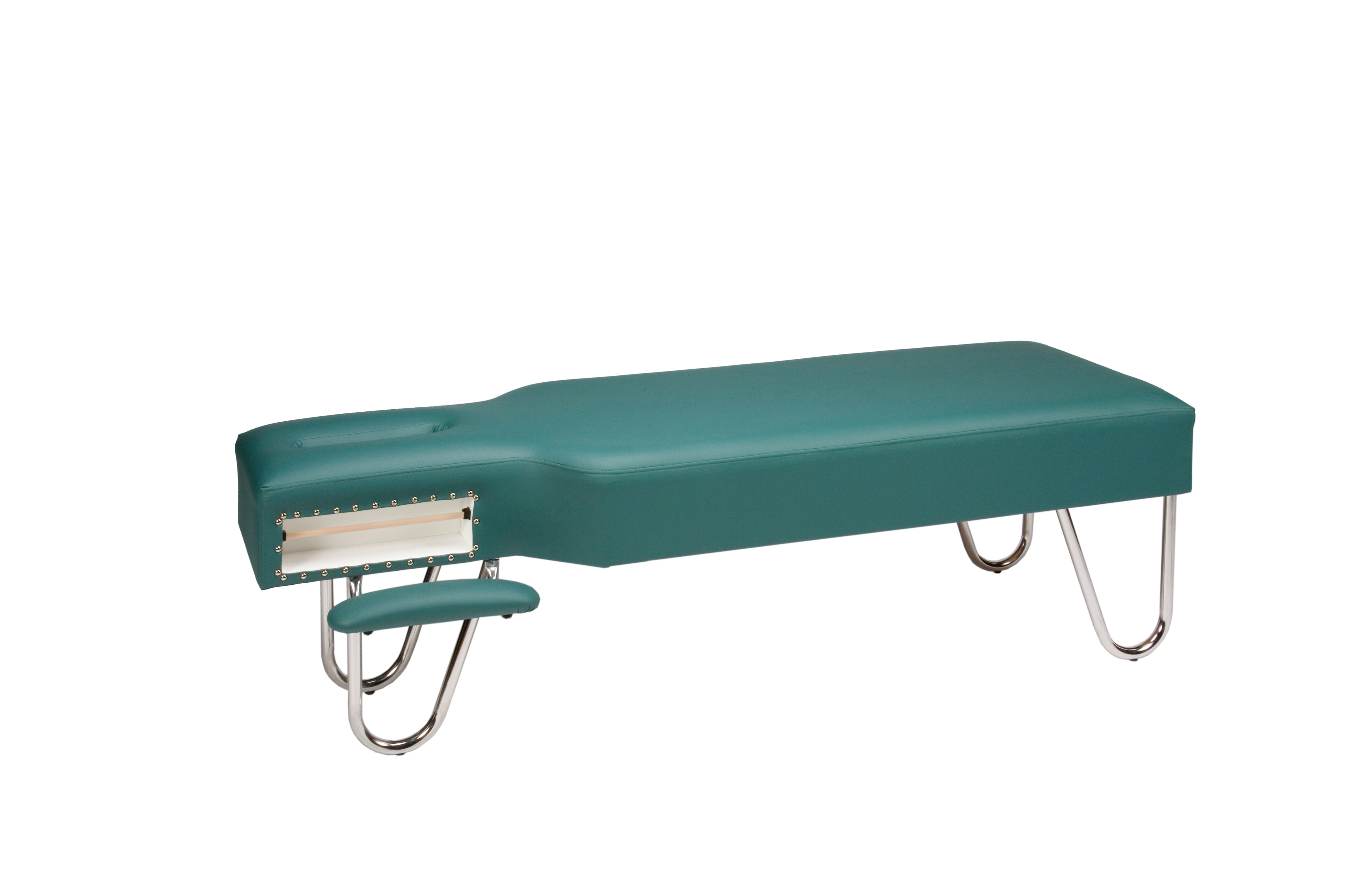 Galaxy Mfg 1989-CF chiropractic table in green with high-density foam and adjustable headrest.