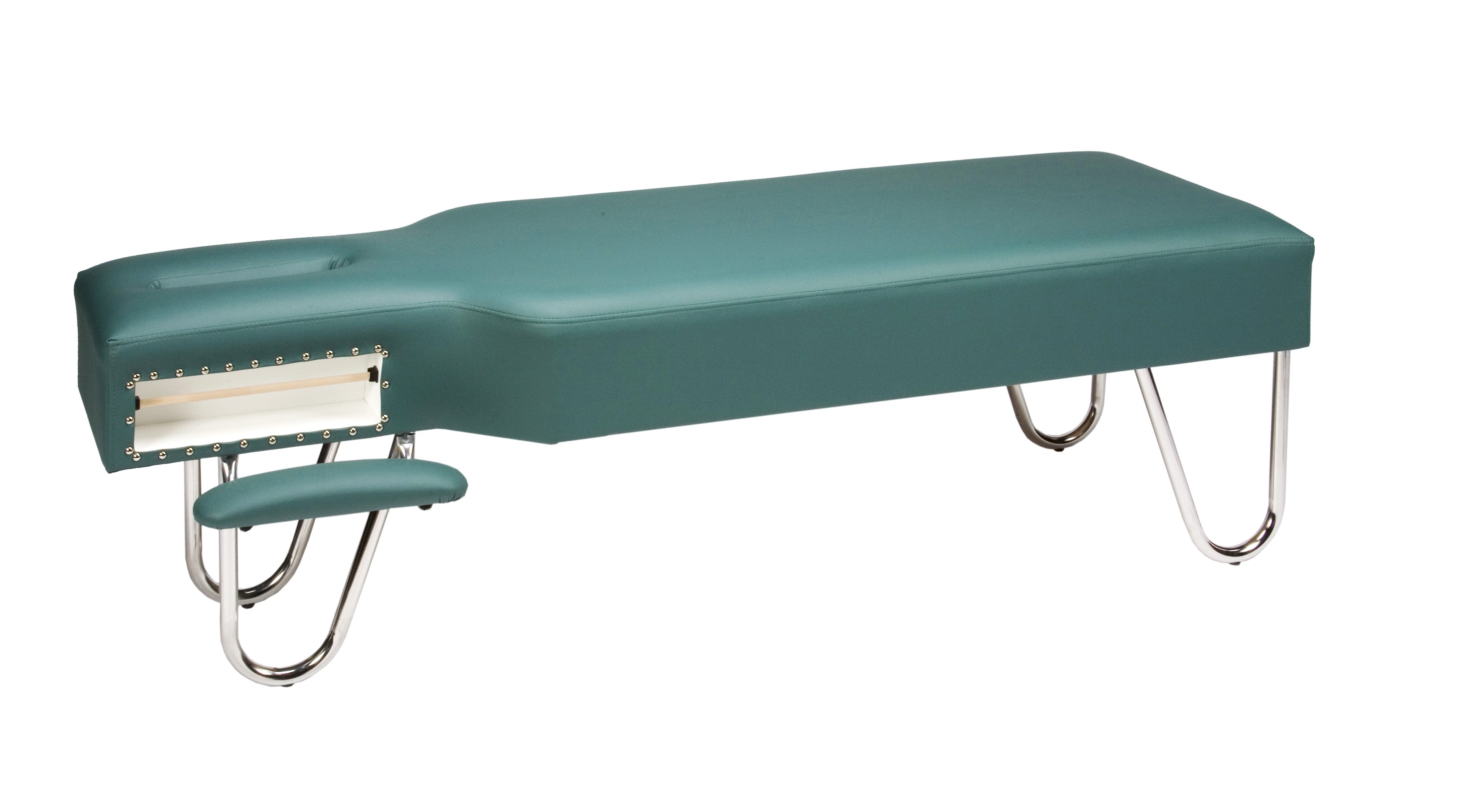 The Galaxy Mfg 1989-CF is a green adjustable chiropractic table with metal legs and face cutout.