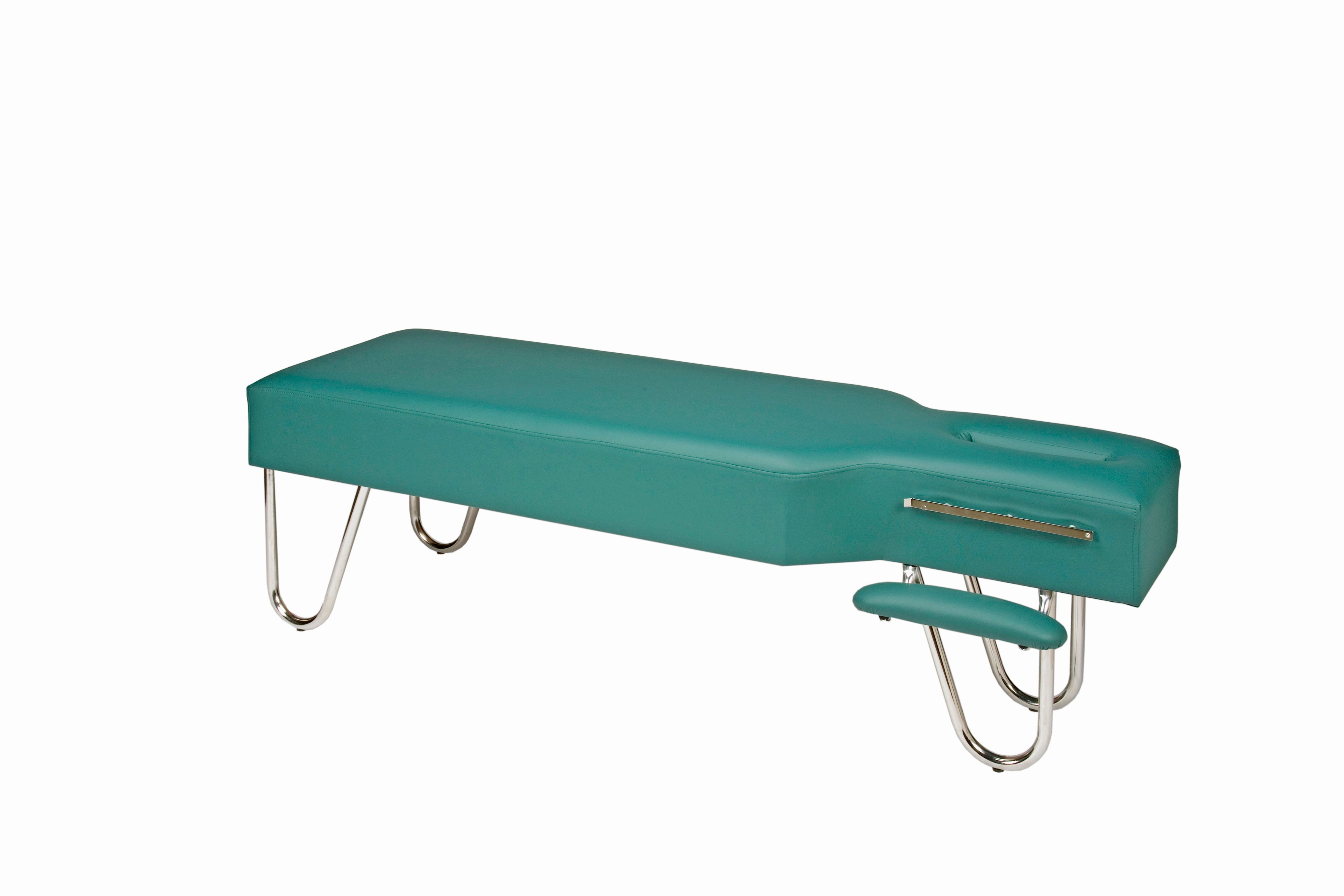 Galaxy Mfg 1989-CF green chiropractic table with metal legs shown against white background.