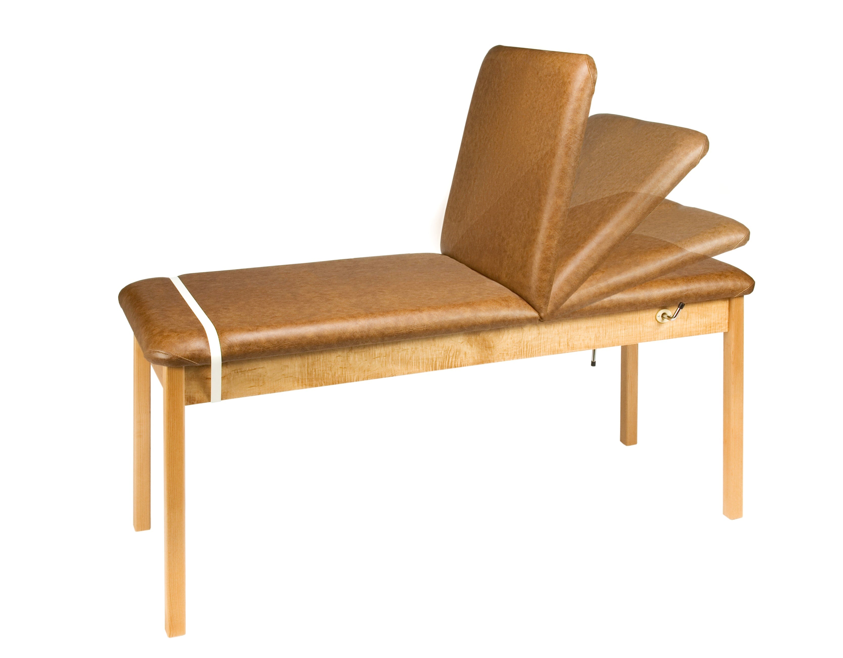 Galaxy Mfg 1989-27TB brown adjustable treatment table with raised backrest, wooden legs.