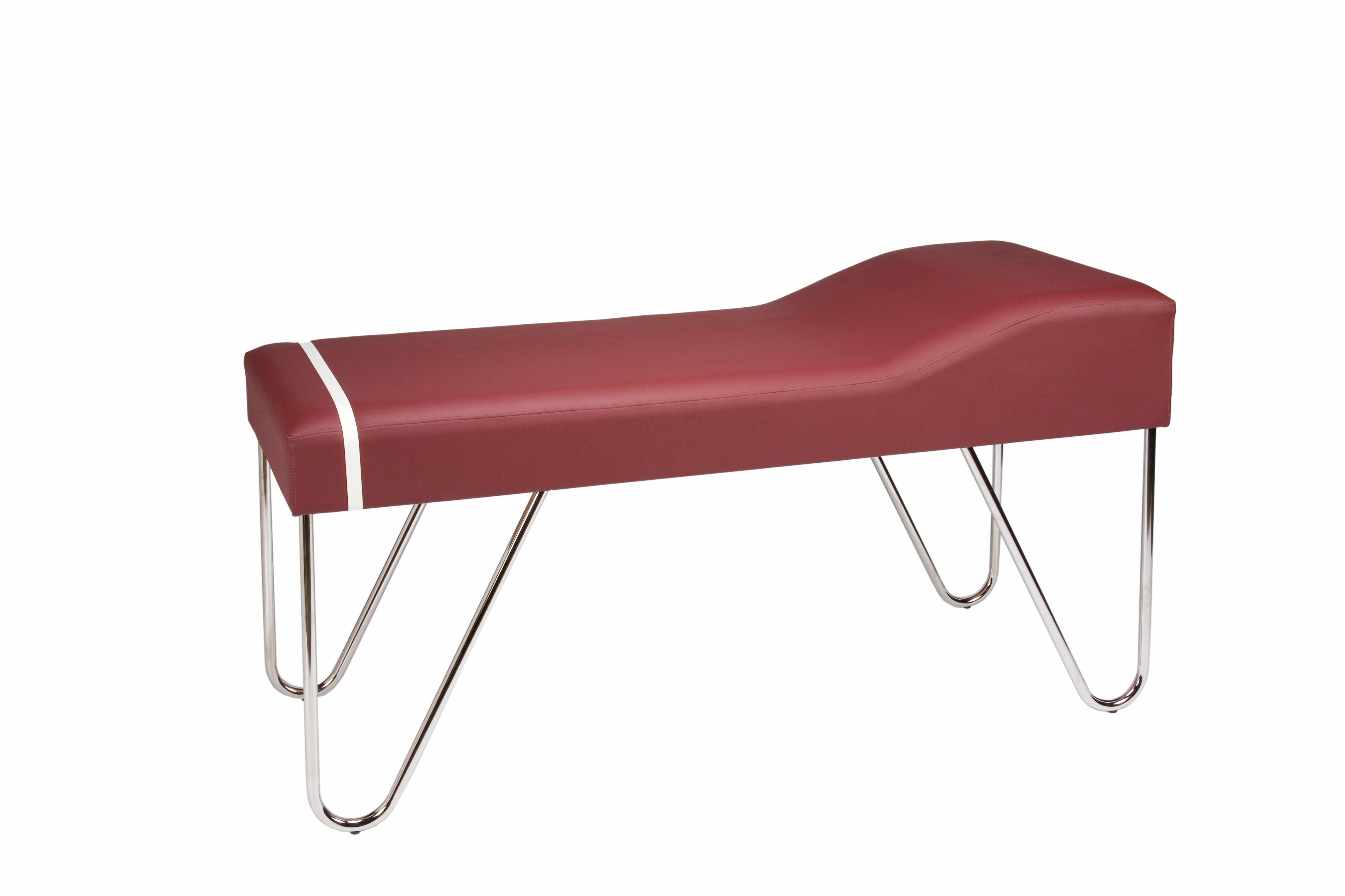 Galaxy Mfg 1990-27 maroon recovery couch with chrome legs and a white strap on one end.