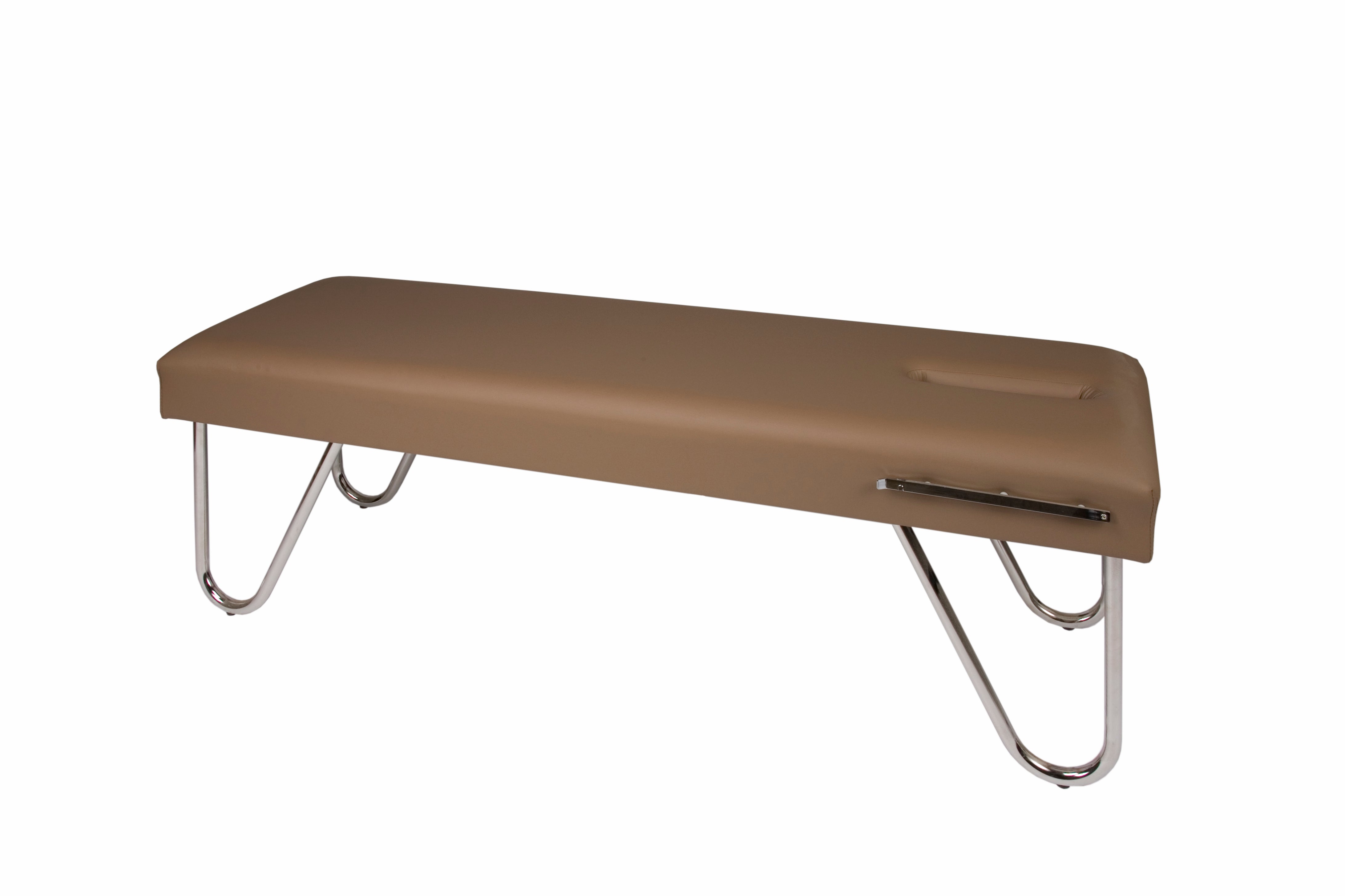 Galaxy Mfg 1993-CF padded chiropractic table with metal legs and headrest cutout.