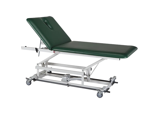 Armedica AM-BA 234 Bariatric 34" wide treatment table with two-section top on wheels.