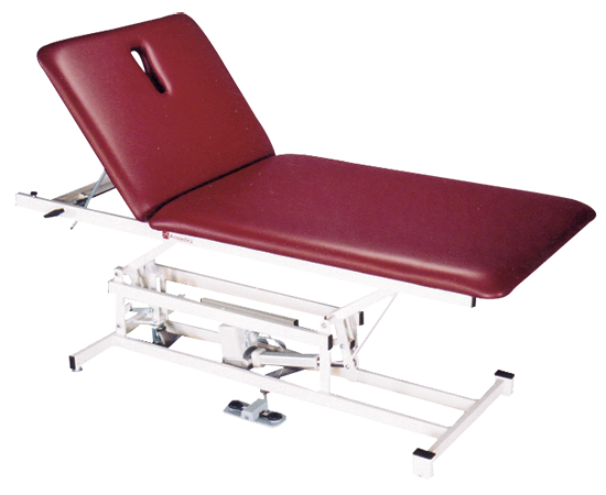 Armedica AM-234 bariatric treatment table, 34" wide with two-section top and maroon vinyl.