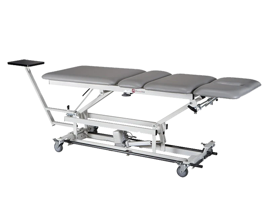 Armedica AM-BA 400 Traction Table: four-section, gray cushioned, wheeled metal frame.