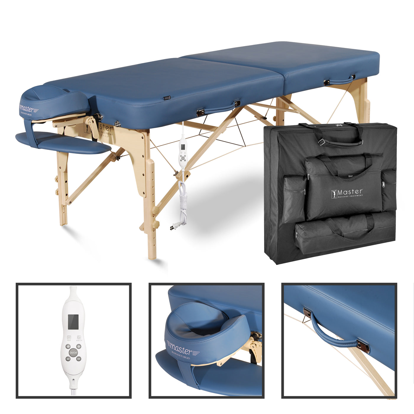 Master Massage PHOENIX Therma-Top portable table with wood legs, case, and face cradle.