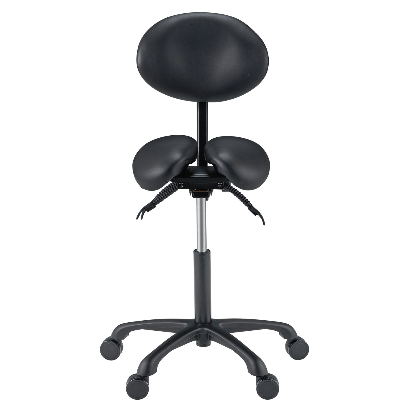 Black saddle stool with adjustable height on a white background